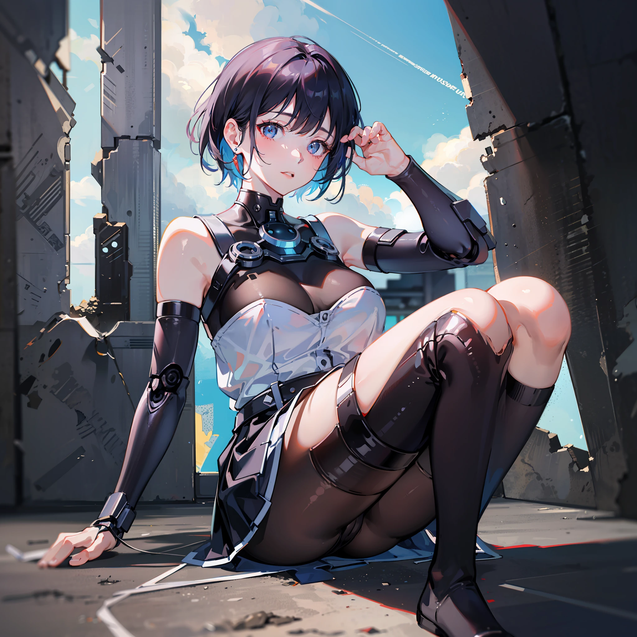 “（tmasterpiece，k hd，The ultra -The high-definition，4K）blue short hair， Japanese girl，Uniform skirts，emphasizing thighs，whitethighhighs，soft thighs，Glossy thighs，The left hand is the robotic arm，machine arm，Sitting on the ruins，Face-to-face perspective，（From the angle below），Sitting on the ruins，Sit in front，Crotch zoom camera，Feet on the floor of ruins，full bodyesbian，Head down and sleepy-eyed，Just look at the audience"， best qarity， The ultra -The high-definition， （realisticlying：1.4），， A high resolution， the detail， RAW photogr， Sharp re， Nikon D850 Film Stock Photo by Jefferies Lee 4 Kodak Portra 400 Camera F1.6 shots, Rich colors, ultra-realistic vivid textures, Dramatic lighting, Unreal Engine Art Station Trend, cinestir 800，