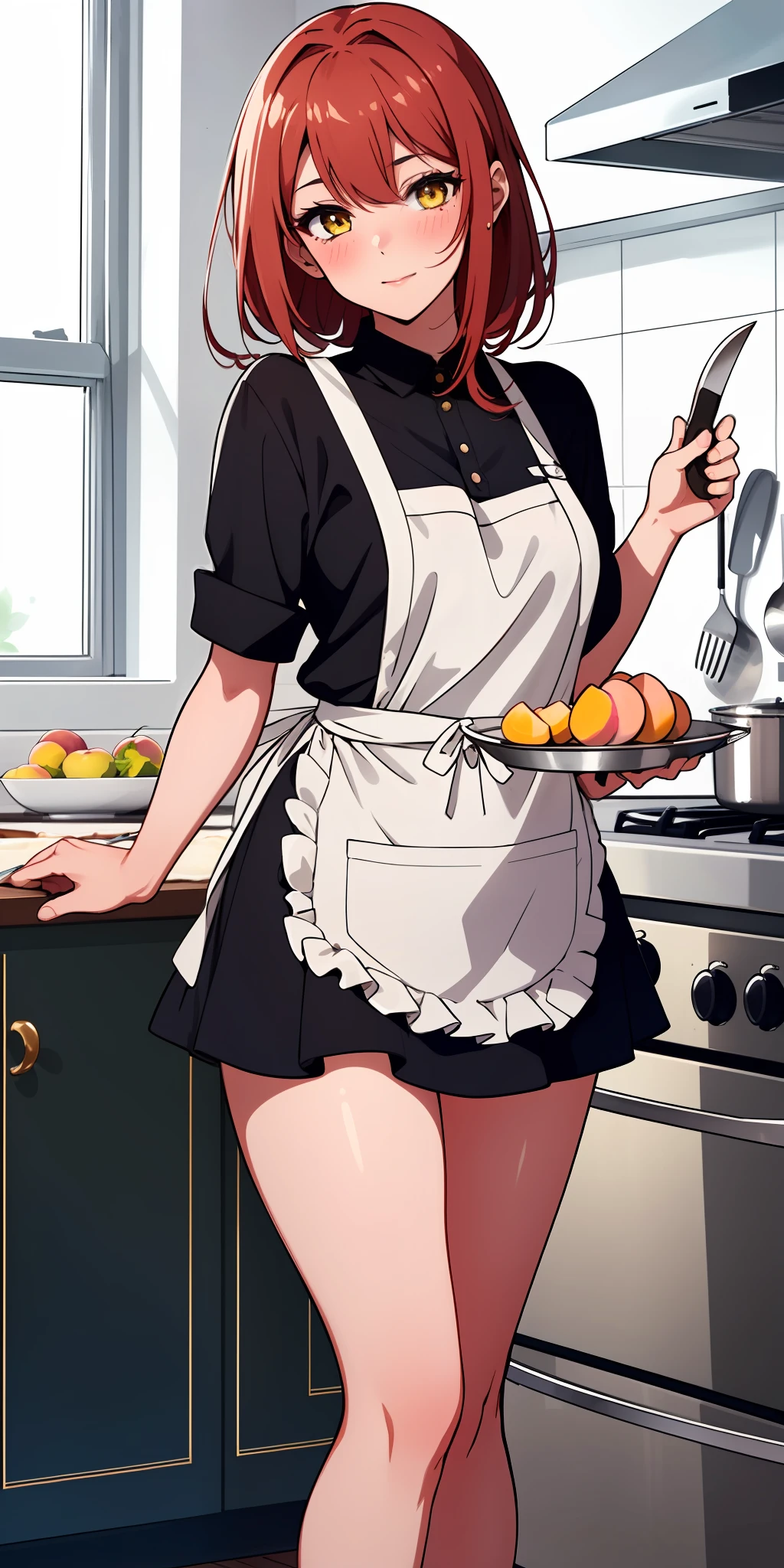 1girl, solo, masterpiece, highest quality, 8k, , kitchen background, naked apron, bare legs, sexy legs, bewitching thighs, blushing slightly, sfw, thick thighs, holding kitchen knife on each hand facing a turkey on plate half cooked, red hair, yellow eyes, peach skin, black and white apron, naked apron, ahegao expression