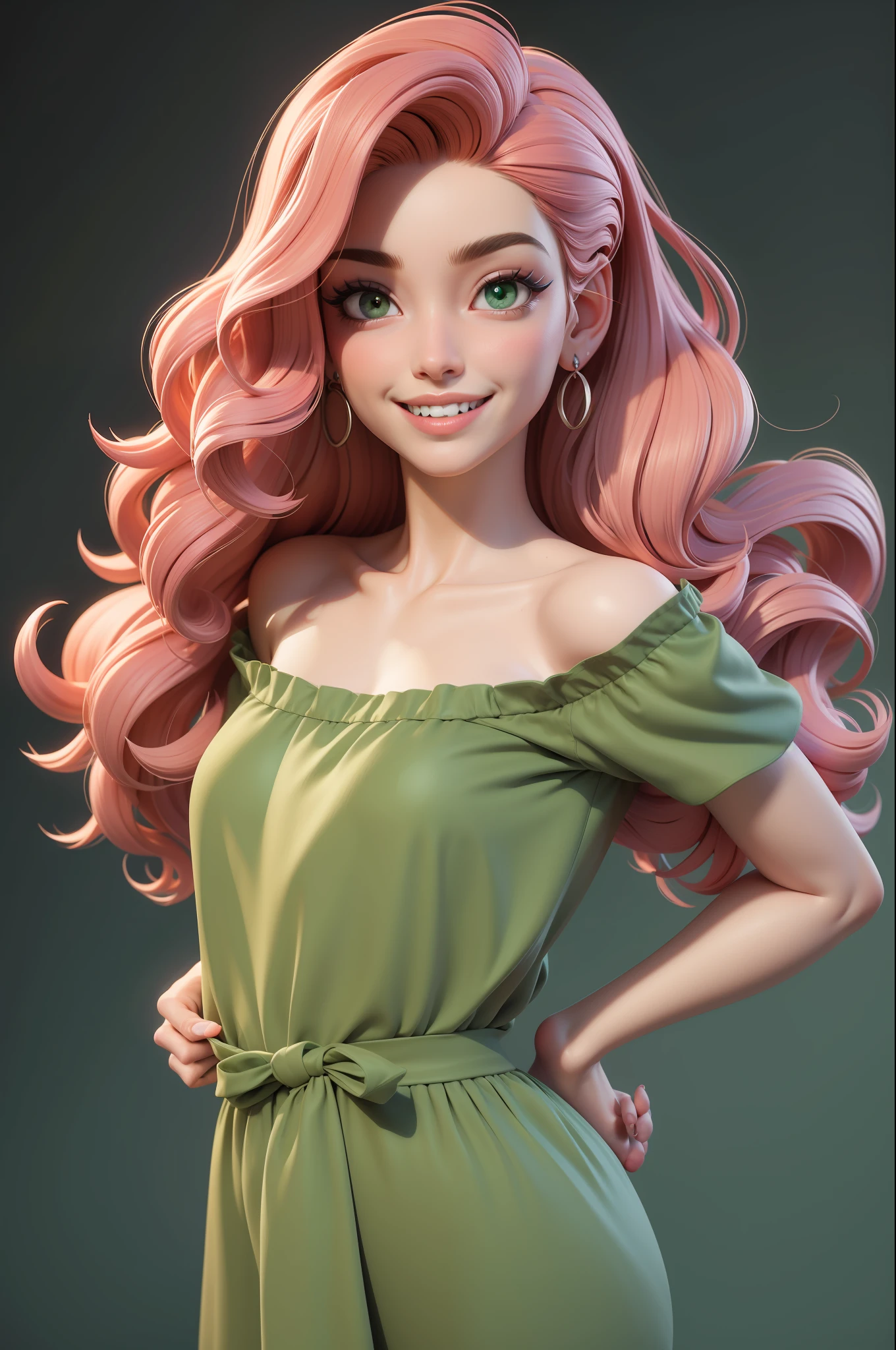 master part, best quality, Rendering job ..3d, Estilo ..3dMM, ..3d, 1mulher, sozinho, cabelos amarelos, Sardas, jewelries, Olhando para os lados, Realistic, Comprimento total, fundo simples claro, franja amarela, Desviando o olhar, medium curly hair, separated-lips, olhos verdes, maquiagem, roupa rosa, sorrindo, Dentes bonitos, sapatos amarelos
