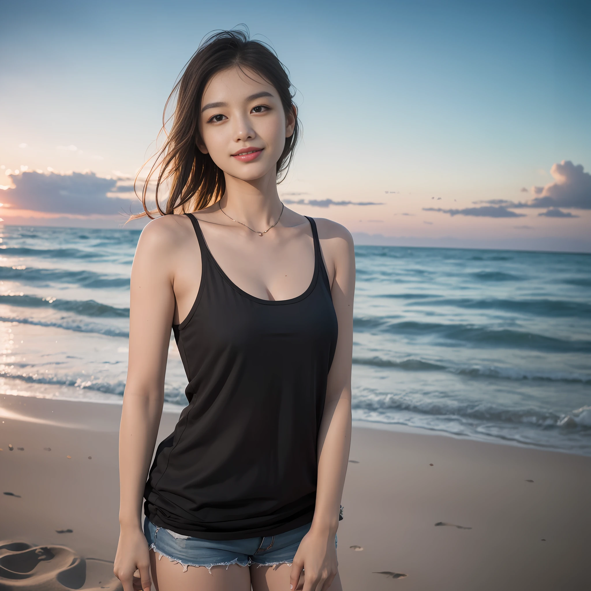 (best qarity:1.2), 巨作, 4K, Photography, 1girll, Sunset, on  the  beach, Sea, valentine, Close-up of, ssmile, black tanktop, shortshorts, Advertising poster style, Beach shooting, Pleated texture, Shadow detail