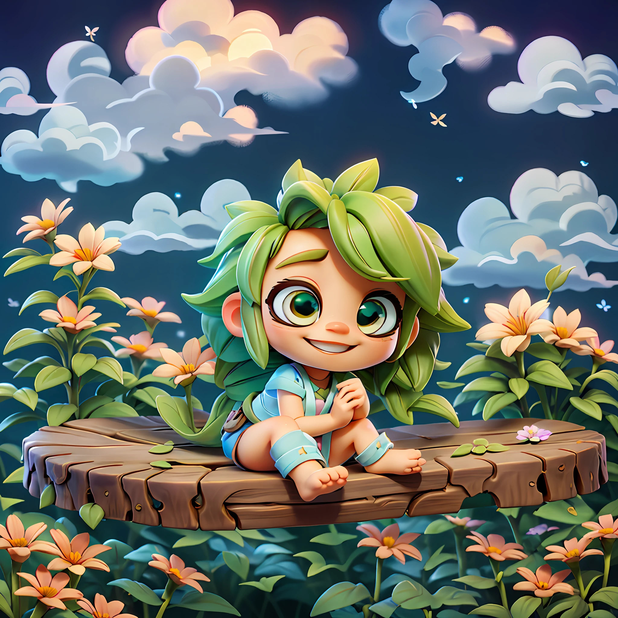 a chibi sitting on a wooden log surrounded by luscious greenery and flowers, facing away from camera, looking up to a bright beautiful sky, with fluffy white clouds, accurate big round eyes, smiling and happy