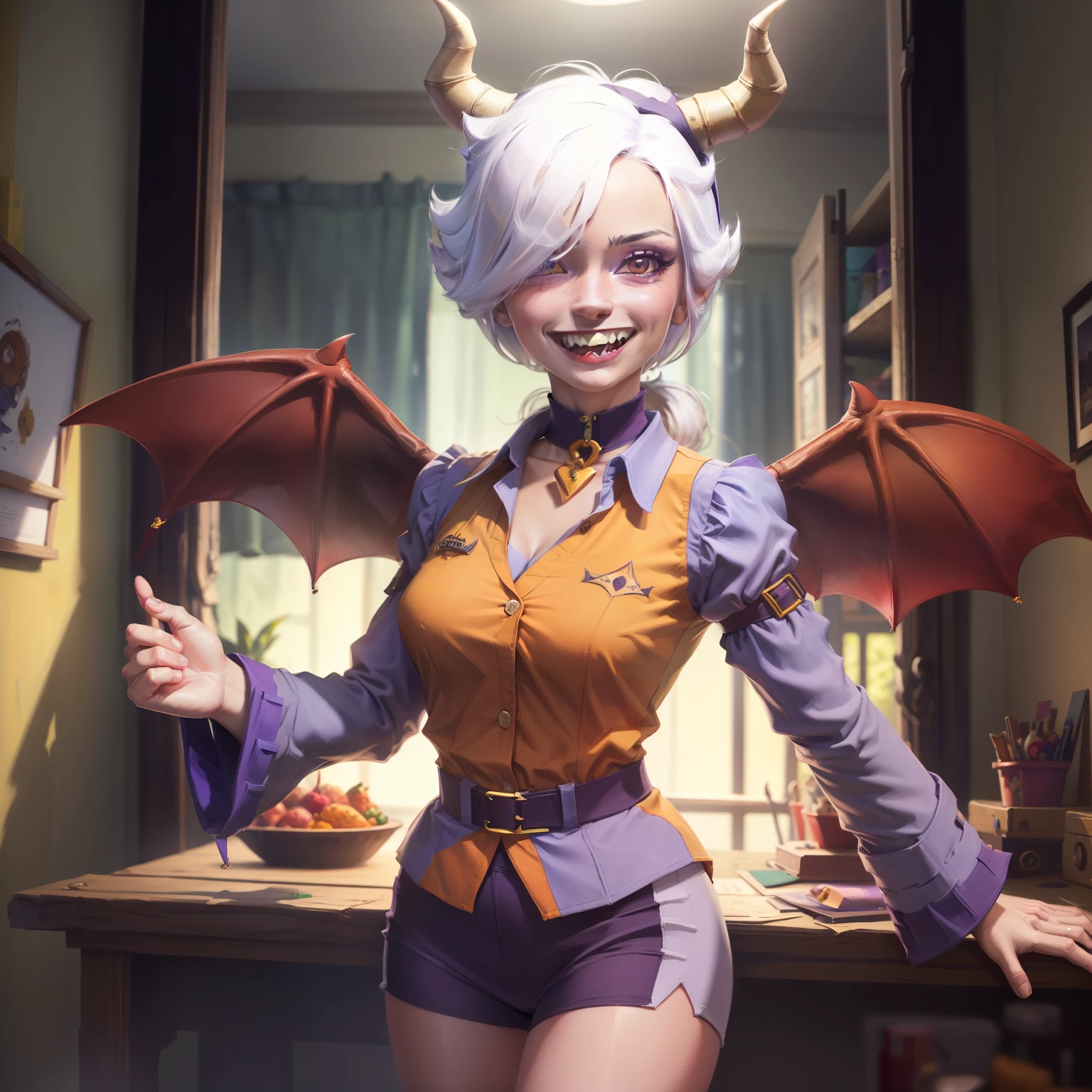 (masterpiece, best quality:1.2) (best face) (linda arte), cowboy shot, solo, 1girl, colette, colored skin, red skin, sharp teeth, grin, looking at viewer, white hair, hair over one eye, horns, yellow eyes, purple shirt, purple shorts, demon wings