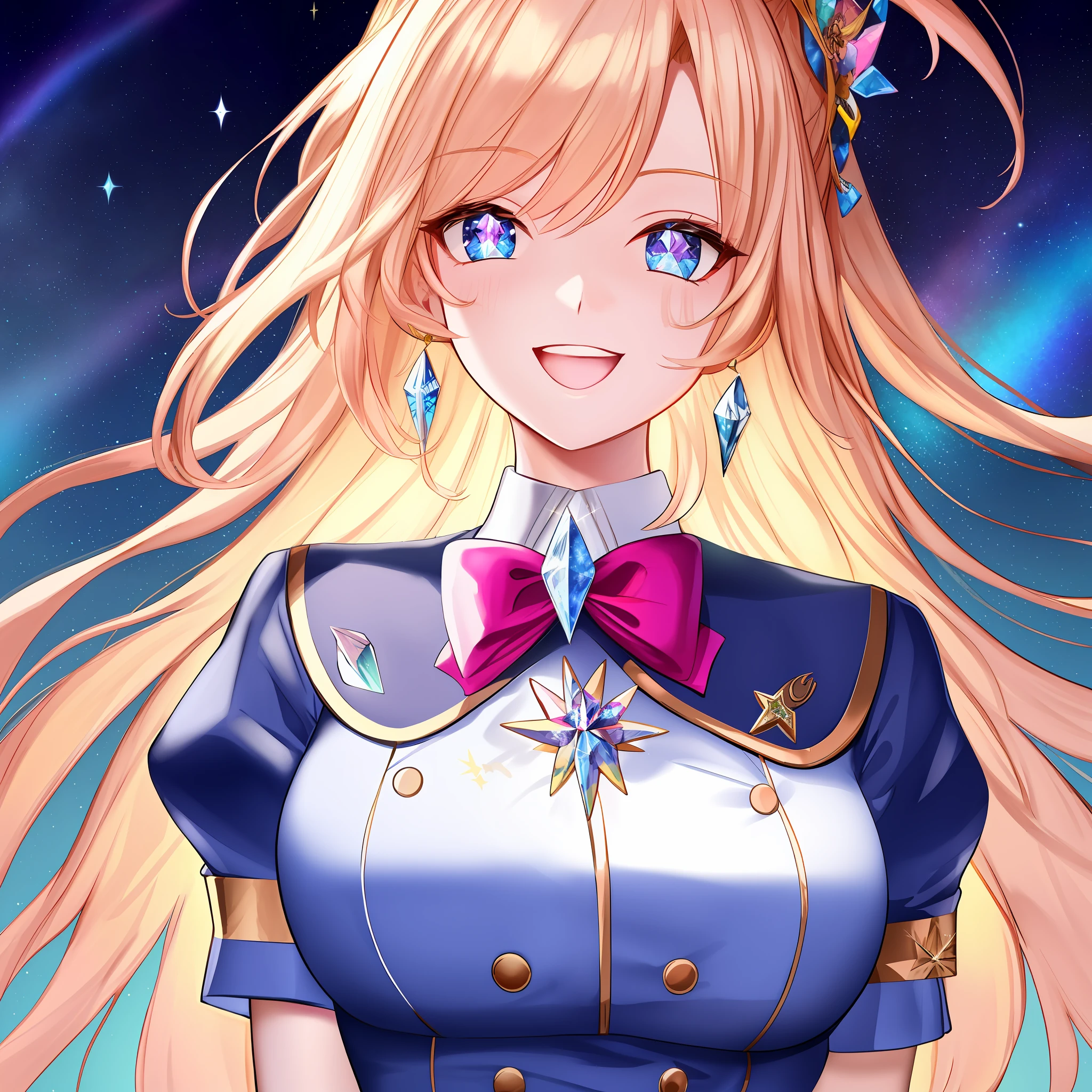 Chest out, absurdist, superfine illustration,rainboweffect, Hi-Def, ultra hyper-detailed,Light diffusion,highly detailed light reflection, Kaleidoscope, harmonious, Best Shadow, highly detailed very beautiful big smile face, ;D, beautiful growing crystal diamond star pupil,looks at viewer, beautiful detailed hair, Solo, Dynamic Pose, beautiful detailed pink and black ribon, beautiful detailed High school uniform, Fantastic and sparkling throughout、Shooting stars and windy background detail background