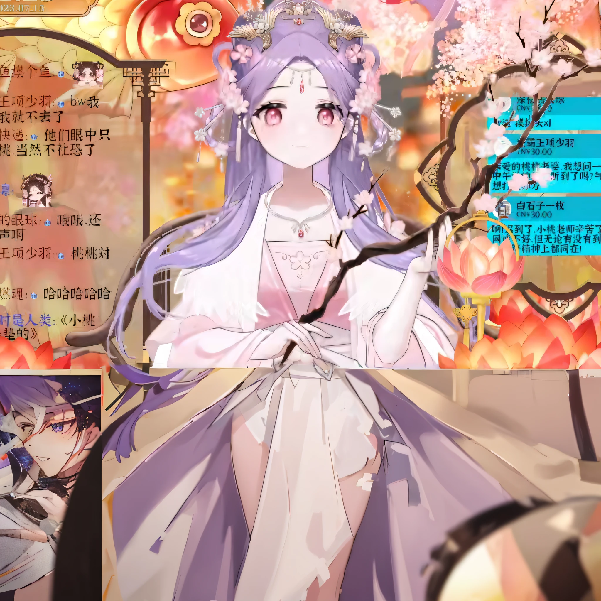 Anime girl with purple hair and holding a book, lovly, bangs, fake smile, From below, Cinematic lighting, The ultra -The high-definition, High quality, Best quality, 巨作