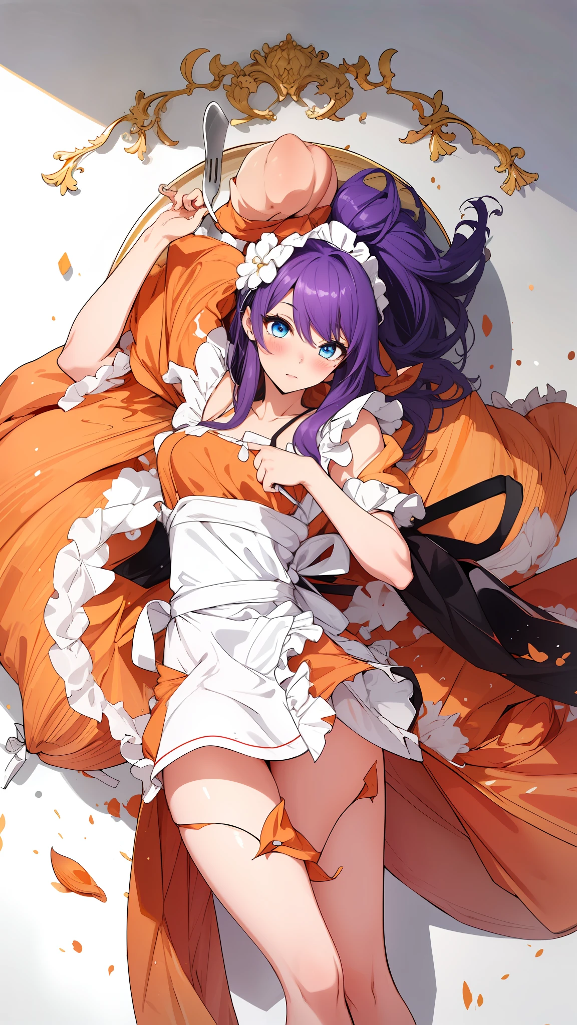 1girl, solo, masterpiece, highest quality, 8k, , kitchen background, naked apron, bare legs, sexy legs, bewitching thighs, blushing slightly, sfw, thick thighs, facing a turkey on plate half cooked, purple hair, blue eyes, peach skin, black and white apron, naked apron, ahegao expression