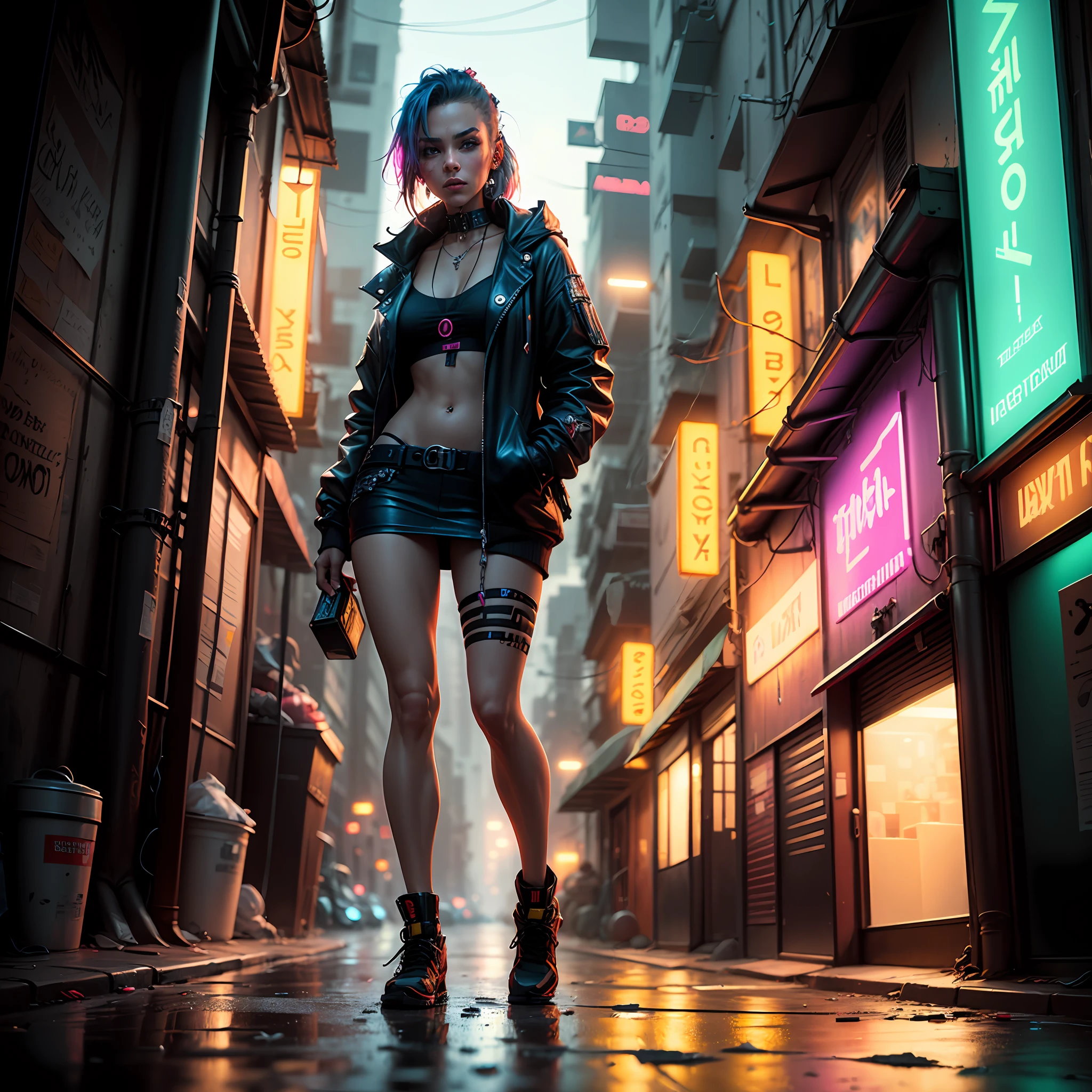 (an artistic photograph of a cyberpunk ??????????),full body shot, centered, (extremely detailed:1.2), (intricate neon slums in the background:1.1), hyper-detailed, (soft lighting:1.2), high resolution, filmic grain. --auto