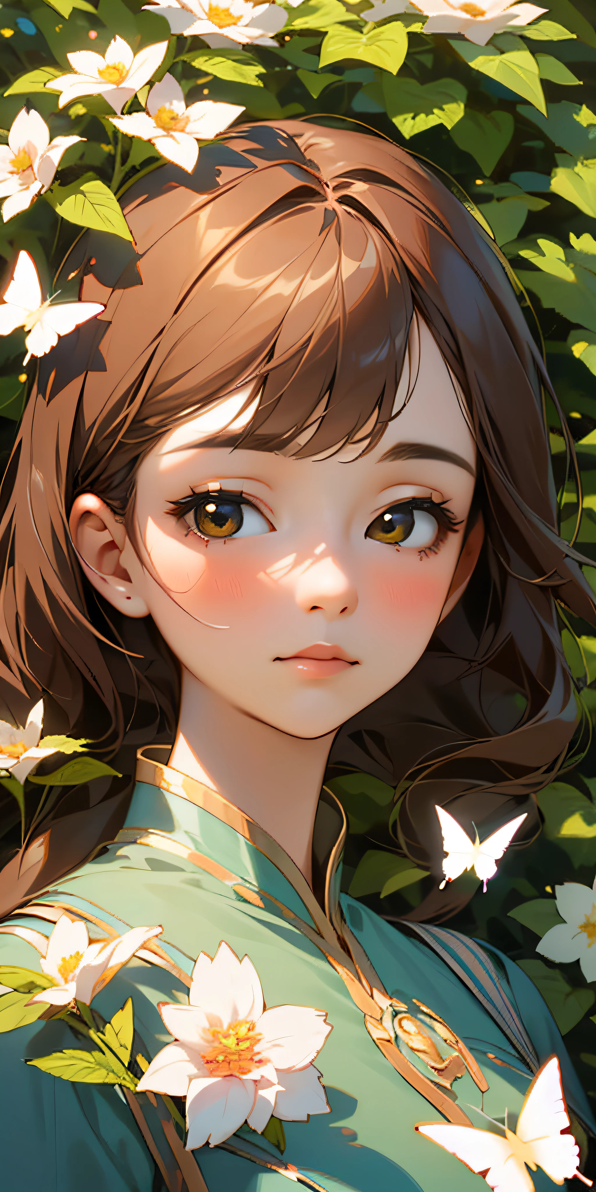(best quality, masterpiece, ultra-realistic), portrait of 1 beautiful and delicate girl, with a soft and peaceful expression, the background scenery is a garden with flowering bushes and butterflies flying around.