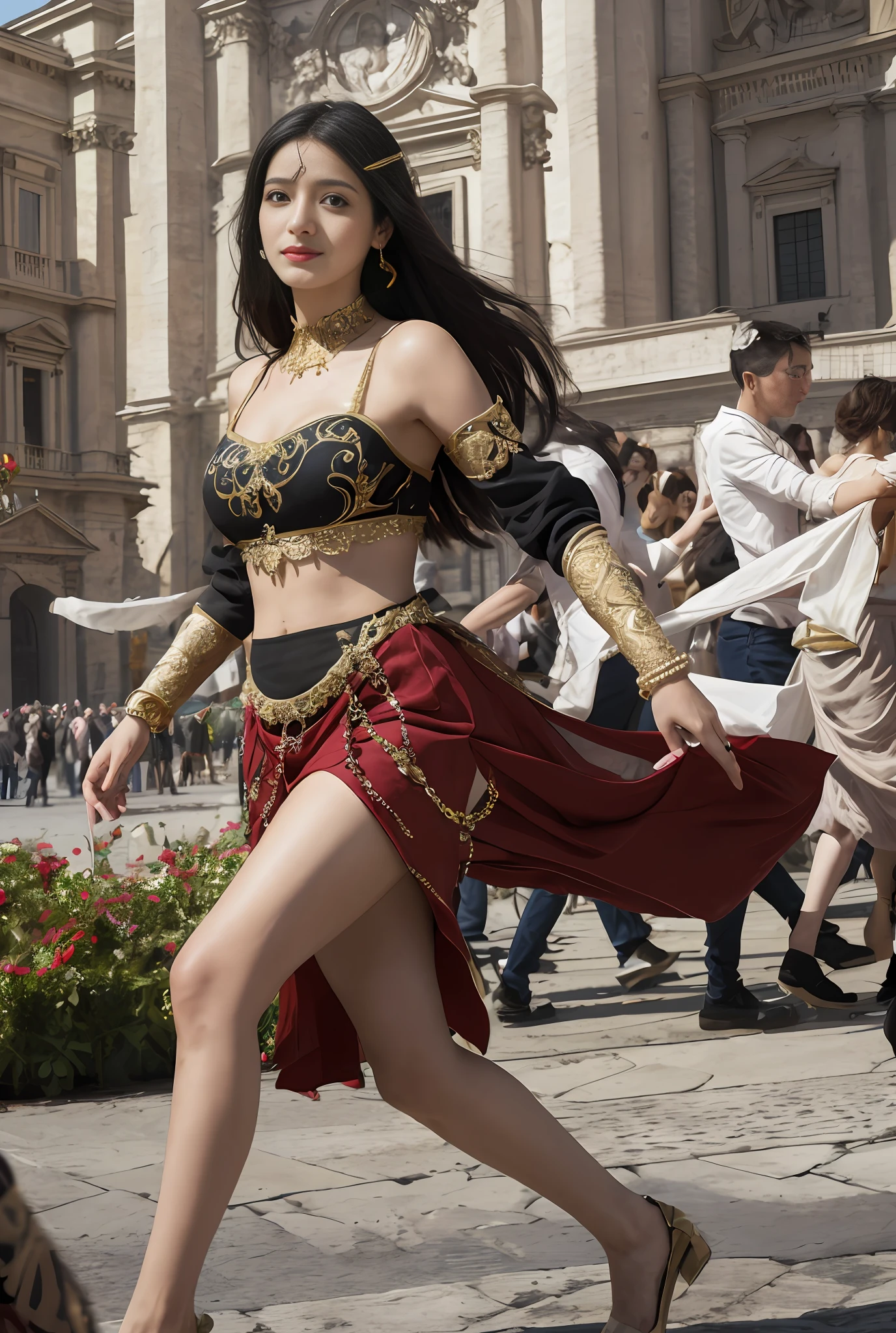 (巨作, Best quality, Realistic),
1girll,(on the St. Peter's Square of Vatican,crowd), sankta. Peter's Square of Vatican background, gypsy dress, Dancing, Elaborate dress, Gold,banquet, crowd, picking up skirt,Pale skin,
[Slight smile],
