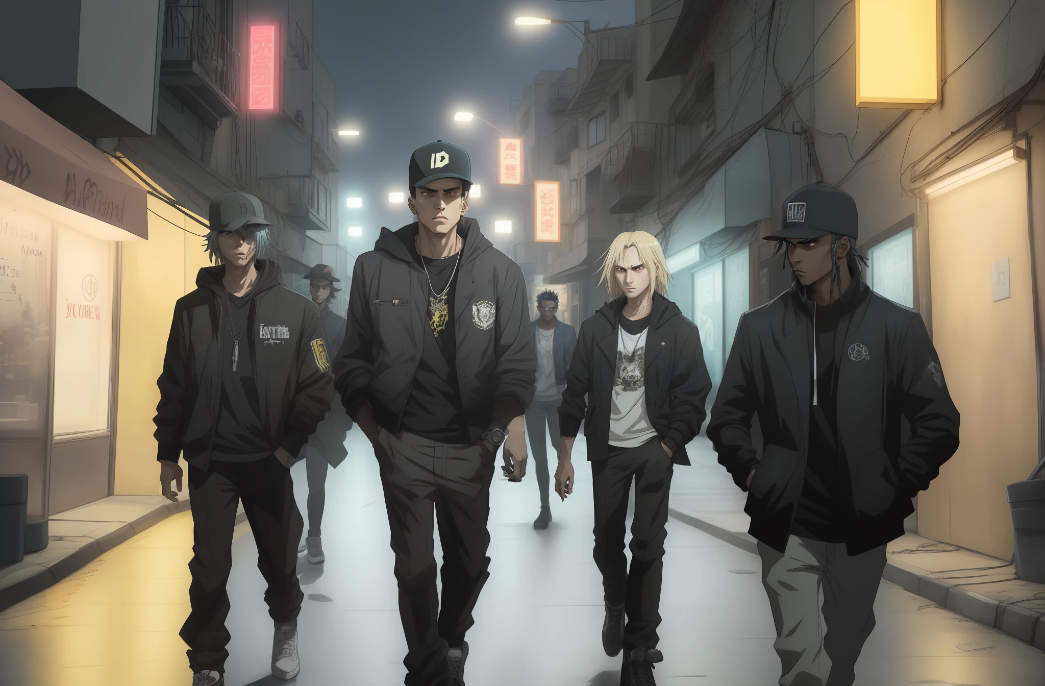 anime characters walking down a city street at night, imagem de anime sankakucomplex, estilo do filme anime linha vermelha, badass anime 8 k, gits anime, Anime cyberpunk moderno, Chiaroscuro anime chave visual, imagem promocional do filme, Obra-prima do anime, 2 d, 2D, Arte Oficial, An epic anime by Tuff Luck Create a 3D animation depicting three young gangsters with hip hop style. Um deles deve ter um charuto na boca, another holding a glass and the last holding money. Emphasize a dark street scenario, but sharp, with dancing girls admiring them. The scene should convey an atmosphere of gangster power and confidence, with fluid movements and striking facial expressions. Use vibrant colors and neon lights to enhance the ambience of nighttime riches. A IA deve ser capaz de criar uma imagem impactante e cheia de energia, transmitindo o estilo e a atitude dos jovens gangsters do hip hop. estilo Favela Brasil