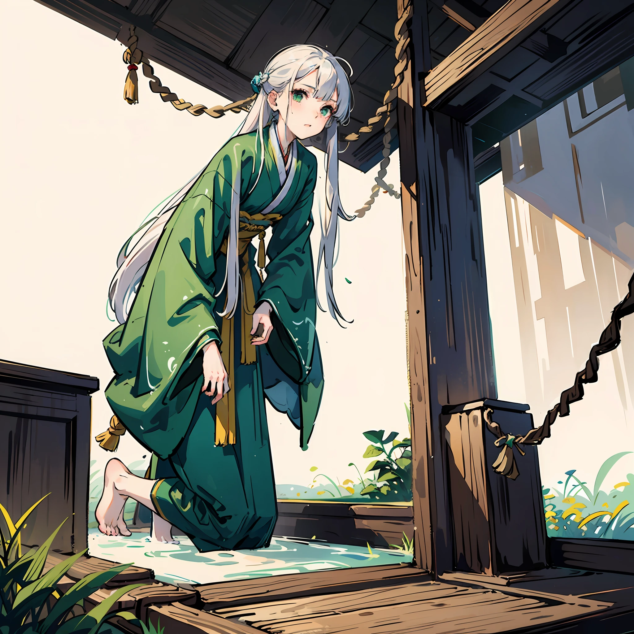 1 girl with white hair，soaking all over，wearing a hanfu，The clothes are green，The whole body is bound by rope，The whole body is bound by ropes，kneels on the ground，Barefoot，No shoes，bare footed，Two-dimensional，Two-dimensional --auto