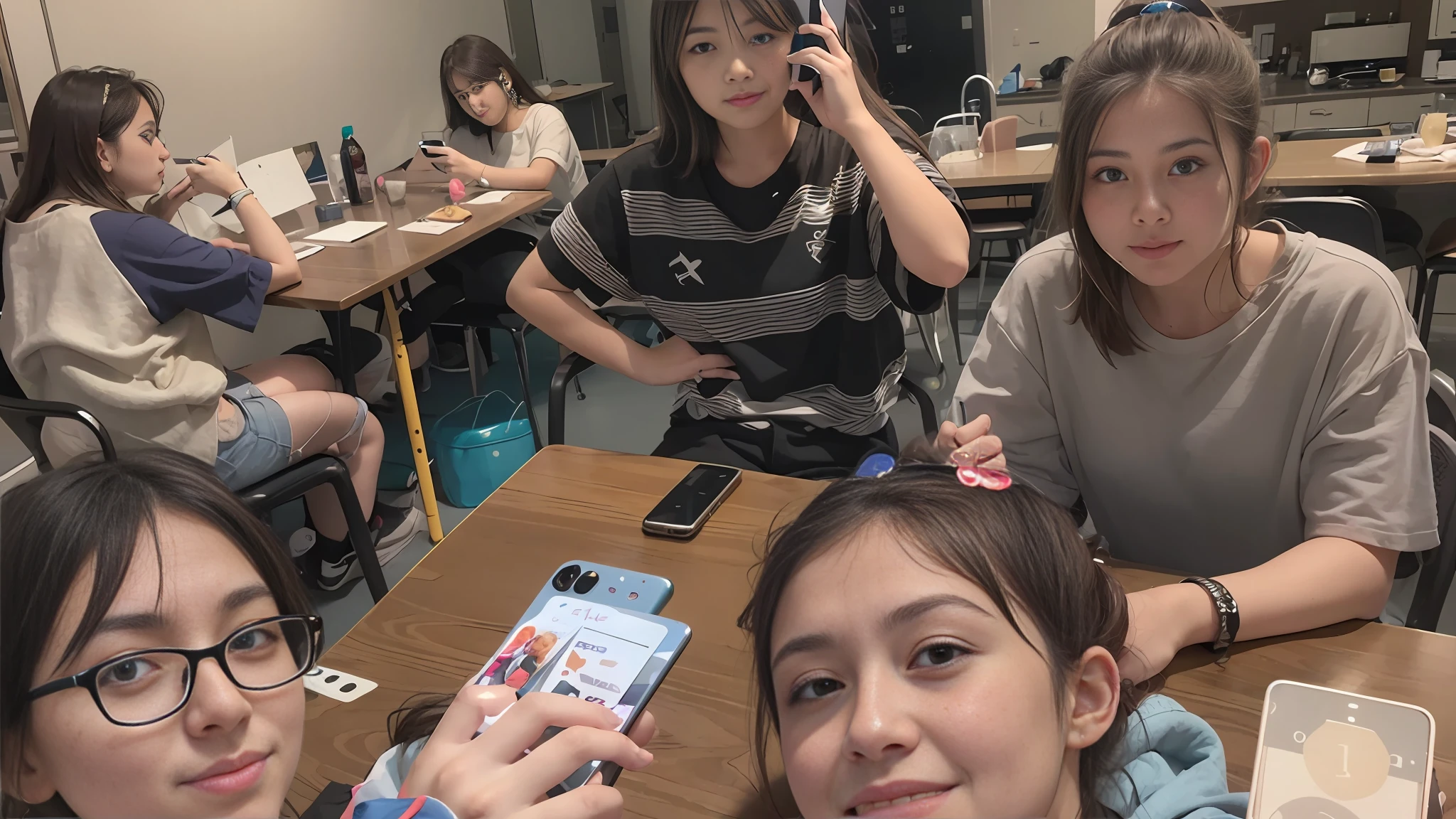 several girls sitting at a table taking a picture with their cell phones, selfie photo, Highlight, College, Moe girl, pupils,