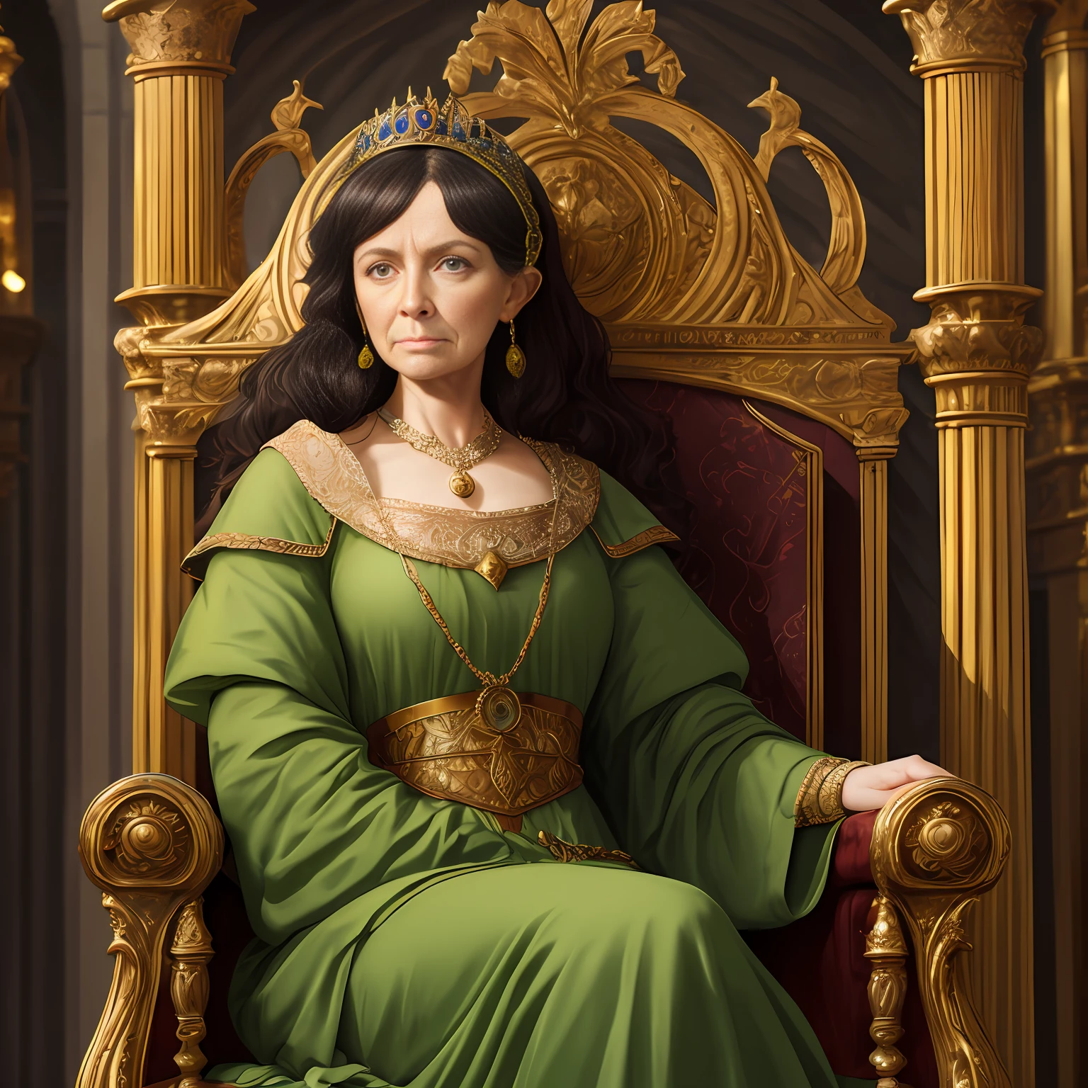Female noblewoman, Sitting on a throne, Green clothes, The mantle of the magician, Ornaments, dark hair with graying, wrinkles, a lot of wrinkles, deep wrinkles, Adult woman, Tired woman, European face, big eyes, large facial features, fantasy style, Middle Ages, Dark tones