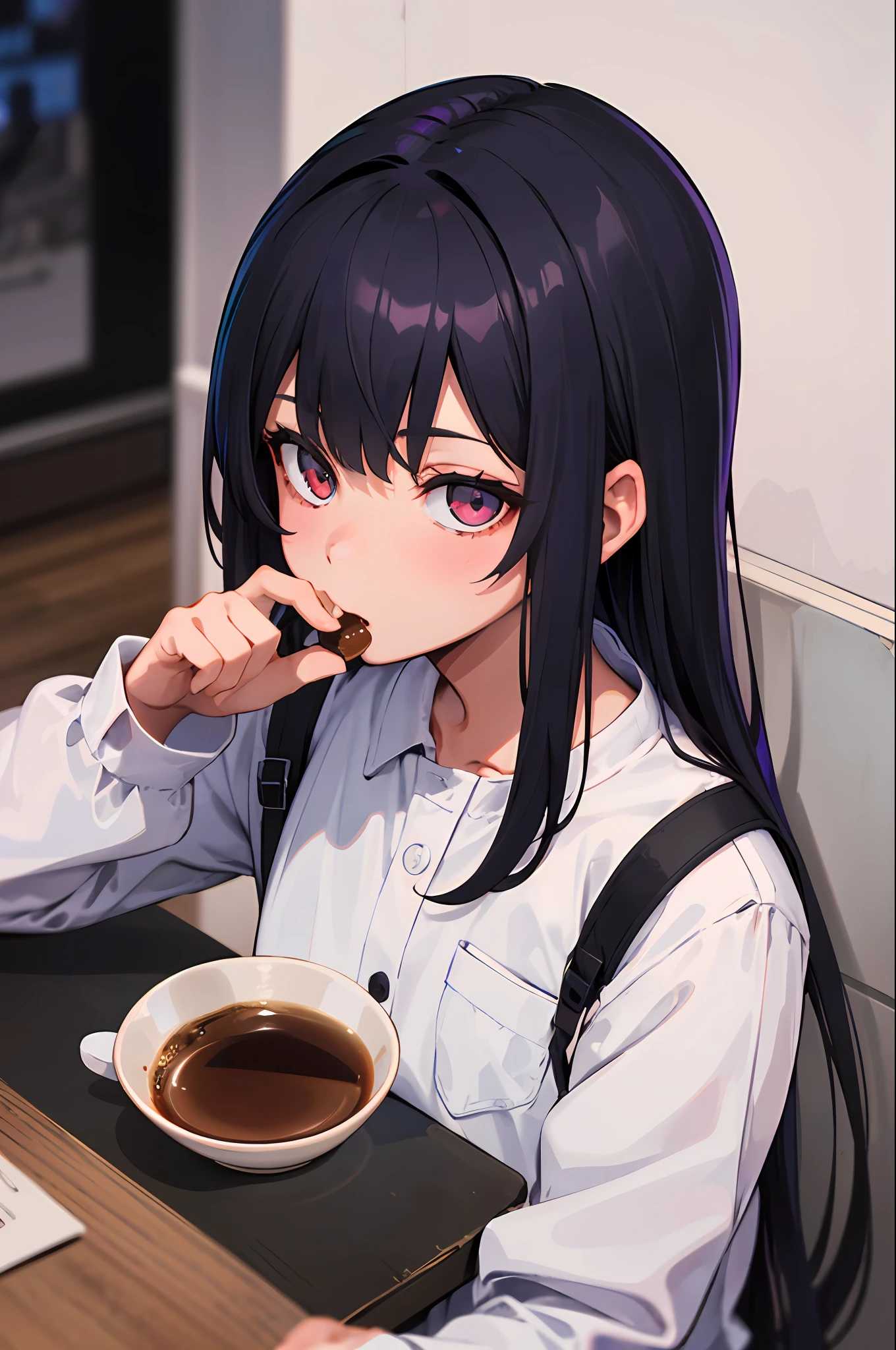 Una chica de pelo largo y esponjoso, con ondulaciones y rosa y ojos azules mirando hacia un chico de pelo negro con ojos negros tomando cafe