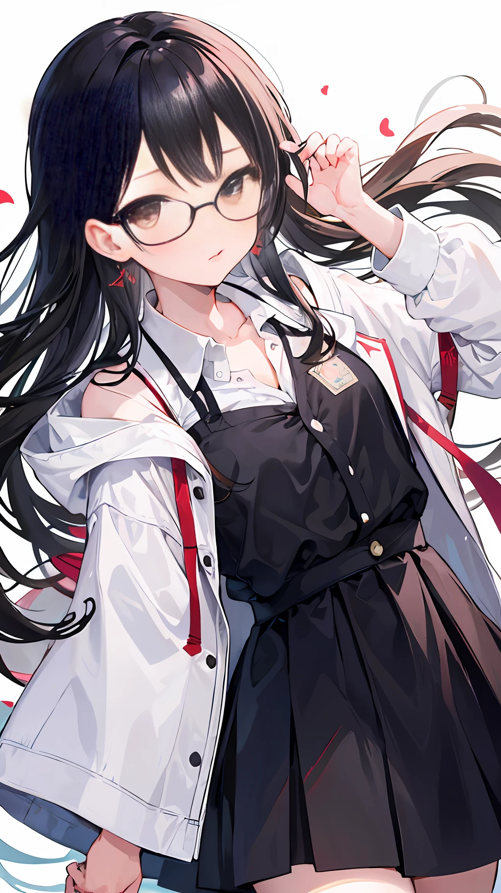 1 girl, honor student, Glasses, seraphuk, Black hair, Brown eyes, Long hair, Middle chest
