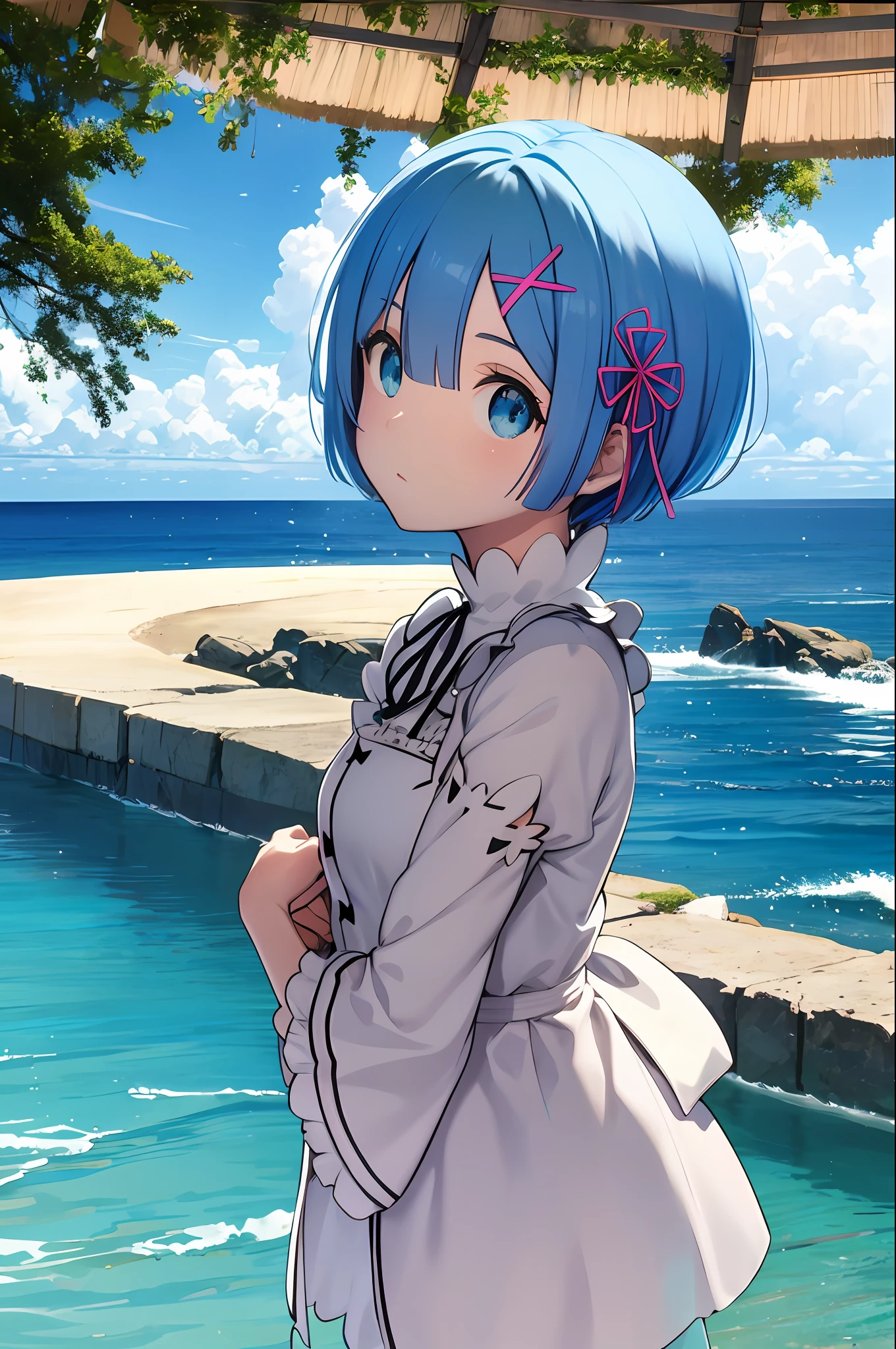 （tmasterpiece：1.6，best qarity），（Fine beautiful eyes：1.2），ph_rem，remhd，1girll，Blue hair，独奏，blue eyess，x hair accessories，比基尼，maidennurse，the ocean，gulf，sunlights，the trees，wave，Arms up