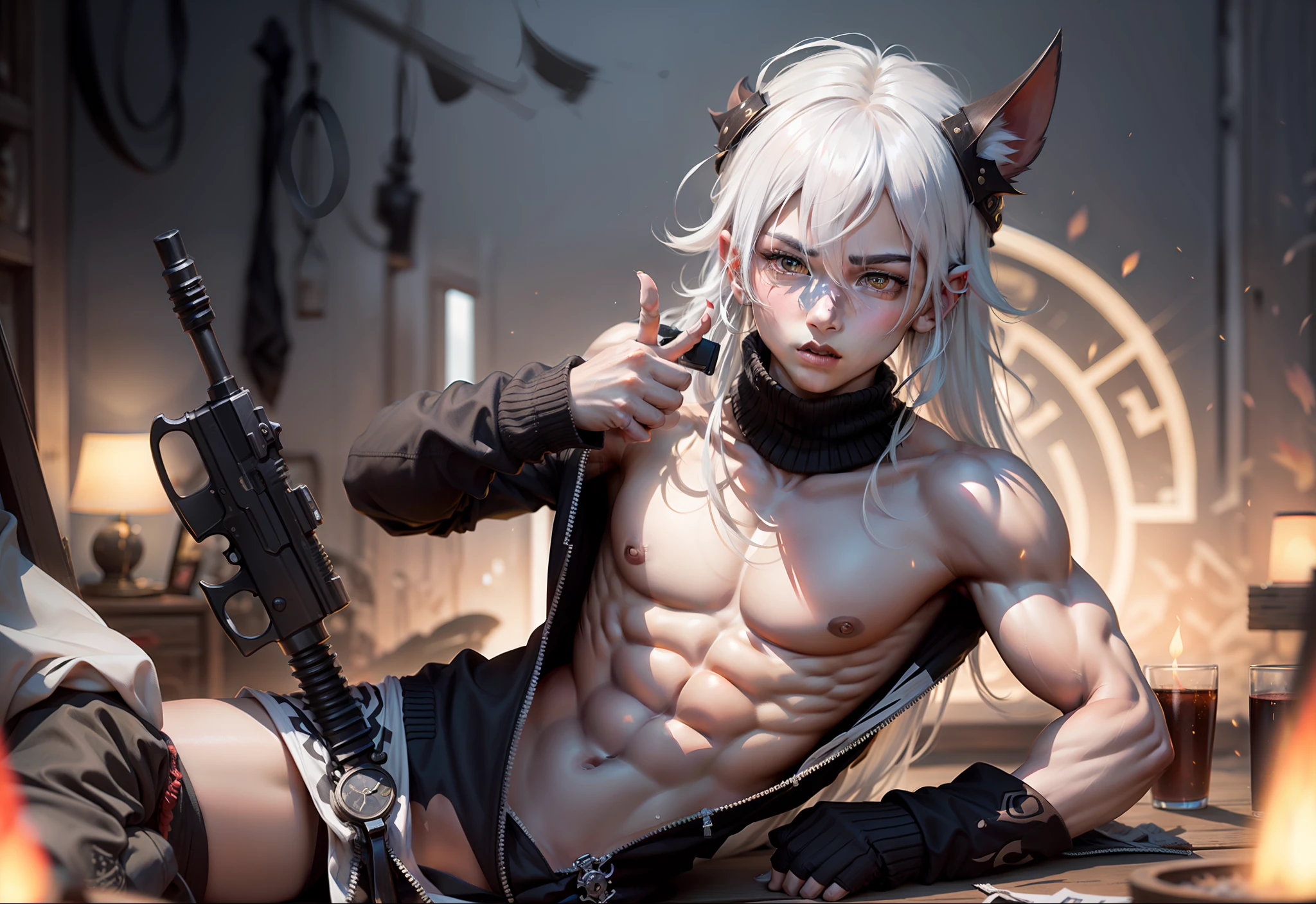 Beautiful boy、Genshin Xeno、Brown skin、Stepping socks、Middle finger sleeve、face as it is、Sullen、Secondary two、The contrast is cute、Cold joke、conscientious、Cover the hair of the right eye、Long Gun、Shirtless、Jackal headdress、White hair and red eyes、Muscle Junior、Long hair