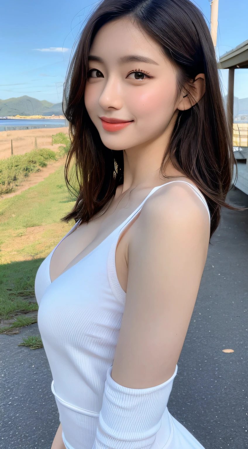 ((Best picture quality, 8K, tmasterpiece:1.3)), 1girll, Beautiful woman with slender abs:1.3, (Casual hairstyle, :1.2), Sexy dress,Ultra-fine face, 詳細な目, 二重まぶた,Smile with。Take pictures in cute poses,The figure is very bad,tiny small waist,Super big breasts,Close-up,Half-body close-up,White-skinned,Landscape background