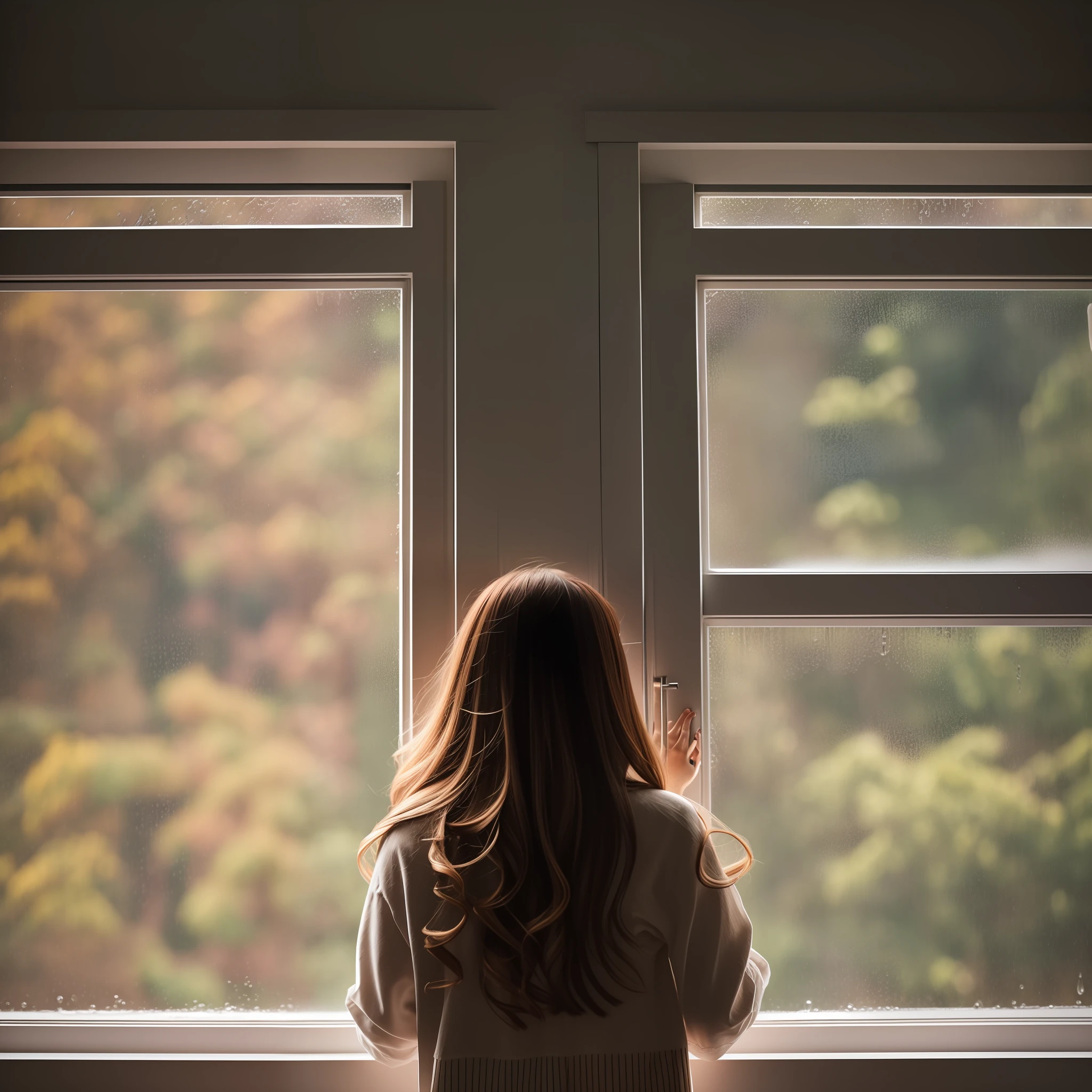 On a dark rainy day,A young woman stands alone in front of the window,Looking at the raindrops outside。She had a sad look on her face,The eyes revealed endless sadness and loss。The view outside the window is blurry,Echoing her inner emotions。 --auto
