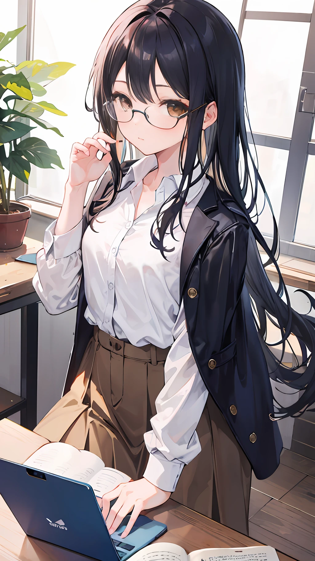 1 girl, honor student, Glasses, seraphuk, Black hair, Brown eyes, Long hair, Middle chest