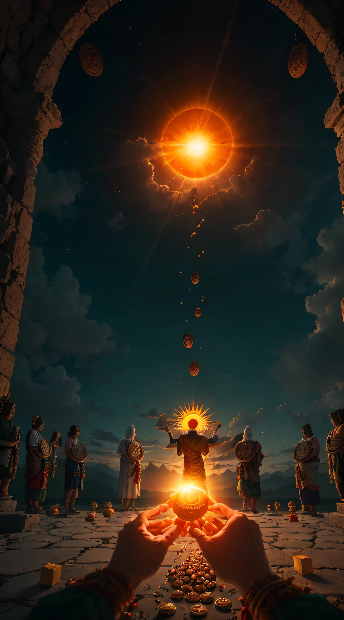 ((巨作)), ((Best quality)), 8K, hoog detail, Ultra-detailed, The scene of the sun falling on people,They took the offerings,Tribute to the sun god, representing a new form of religion. Sunlight, people, ((holding offerings)), ((paying homage)), god of the sun