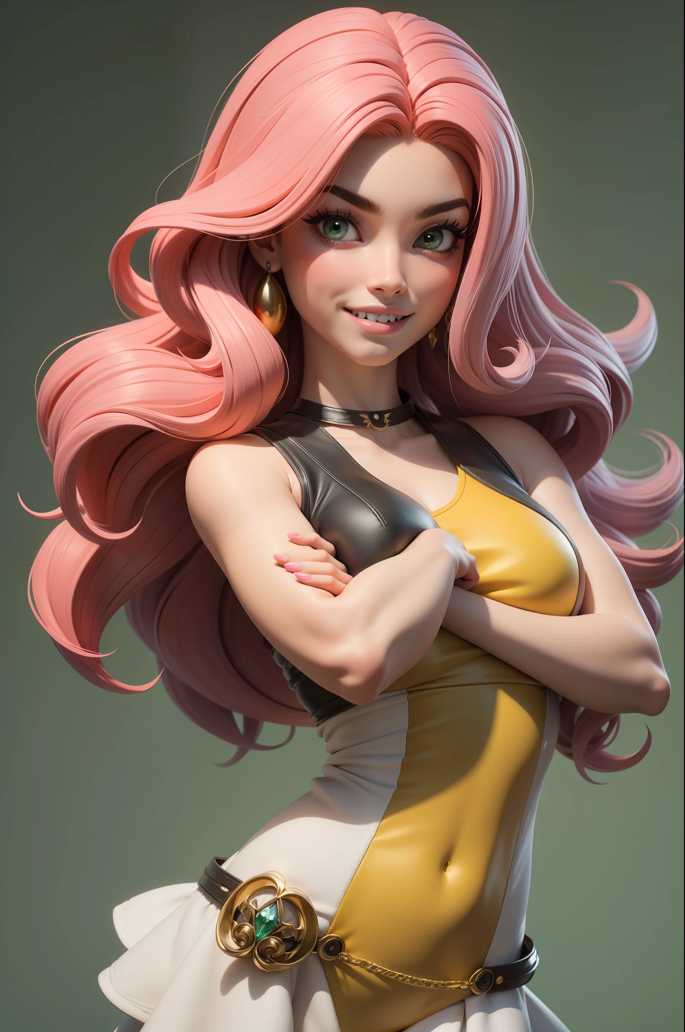 Masterpiece, best quality, Rendering job ..3d, Estilo ..3dMM, ..3d, 1Menina, somente, cabelos amarelos, Sardas, jewelries, Olhando para os lados, Realistic, Comprimento total, fundo simples claro, franja amarela, Desviando o olhar, cabelos longos, separated-lips, olhos verdes, Gargantilha, maquiagem, roupa rosa sorrindo, Dentes bonitos, sapatos amarelos