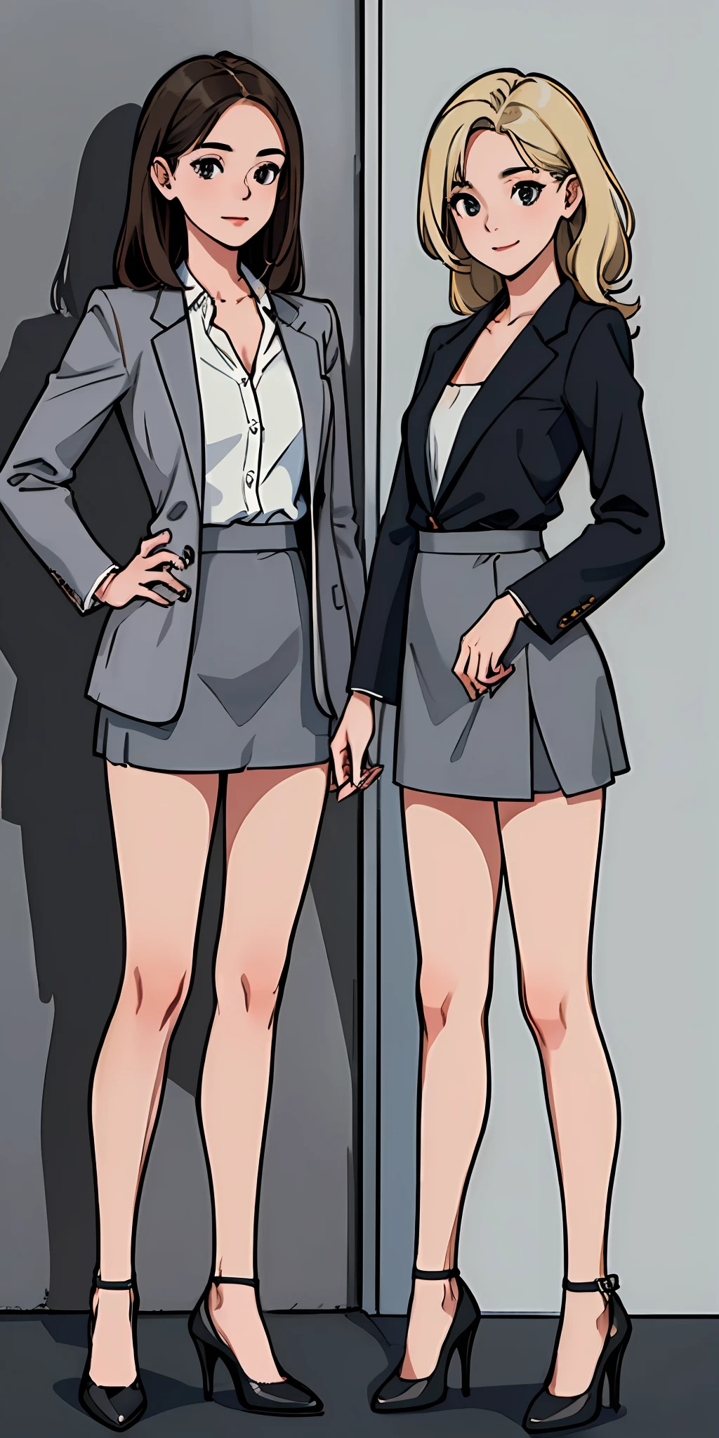 ((Masterpiece, highres)), 2girls, duo, twins, ((one brown haired girl, one blonde girl)), long hair, curly hair, matching hairstyles, different hair color, confident, elegant, proud smiles, (((matching outfits, identical outfits, grey skirt suits, sexy skirt suits, grey blazers, grey knee length skirts, black high heels, strapless high heels)))