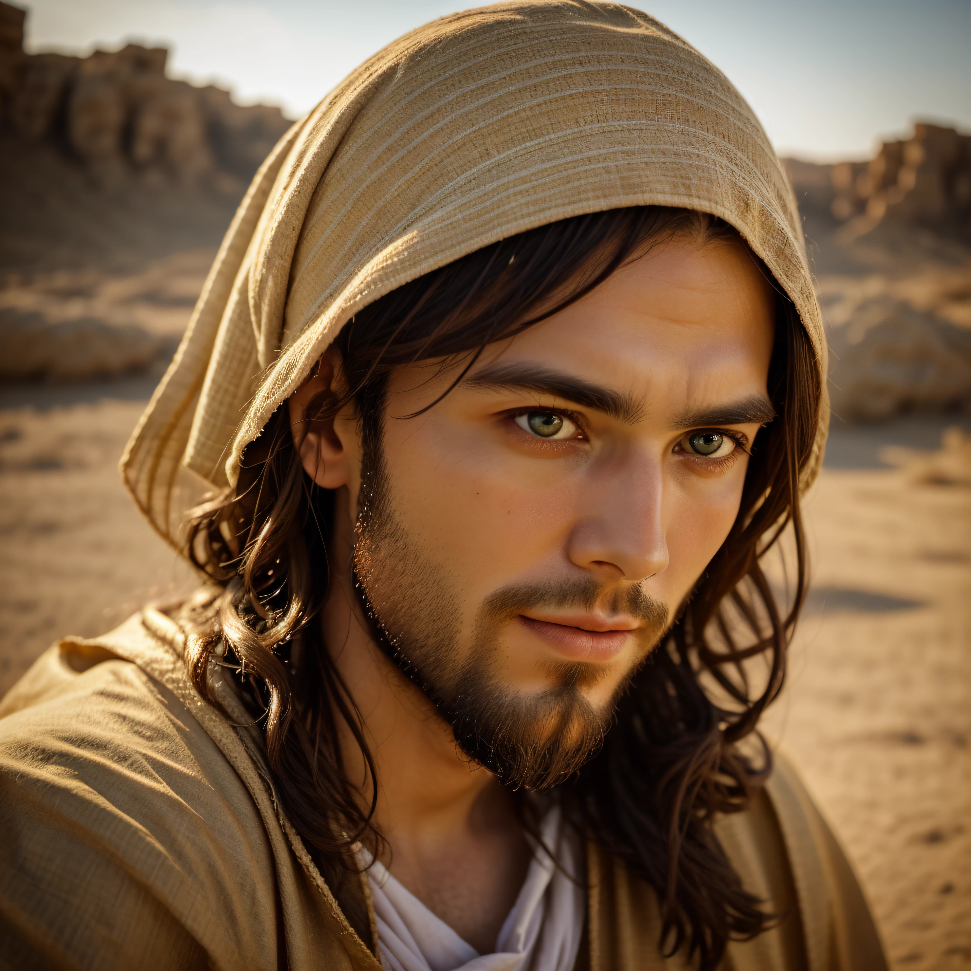 photo of Jesus, in biblical times Jesus, Photorealistic light environment, full face, looking at the Camera, calm eyes, serene and loving face, sweet look, is with lights in the background, The whole environment is clear, Photo by Busto --auto --s2