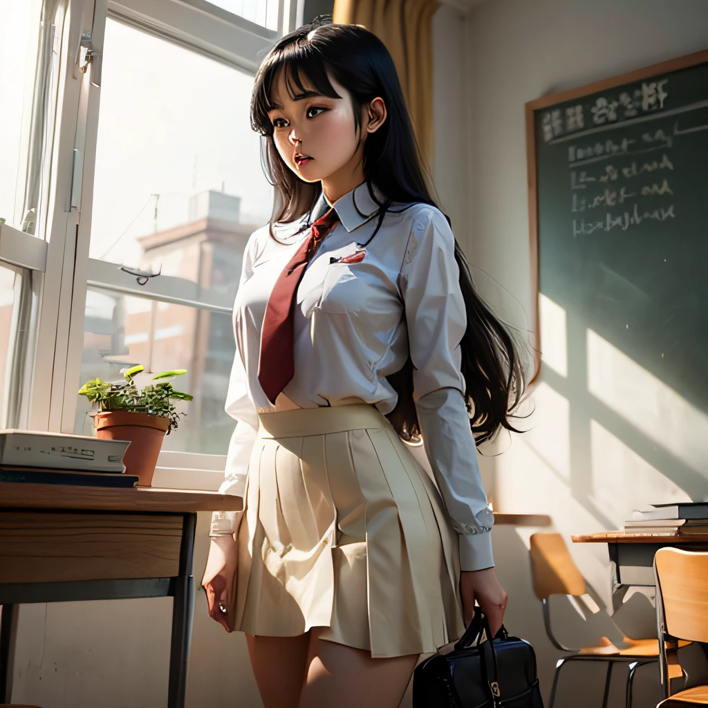 Female white skirt black hair long hair school uniform --auto