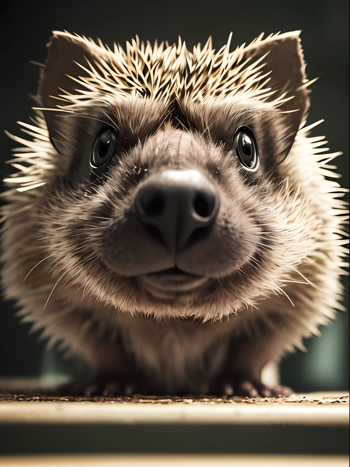 anthropomorphic hedgehog in the kitchen, looks into the eyes of the viewer, Lightroom, Cinematic, HDR, Soggy, intricated, hiquality, Calm tones, Complicated details, low contrast