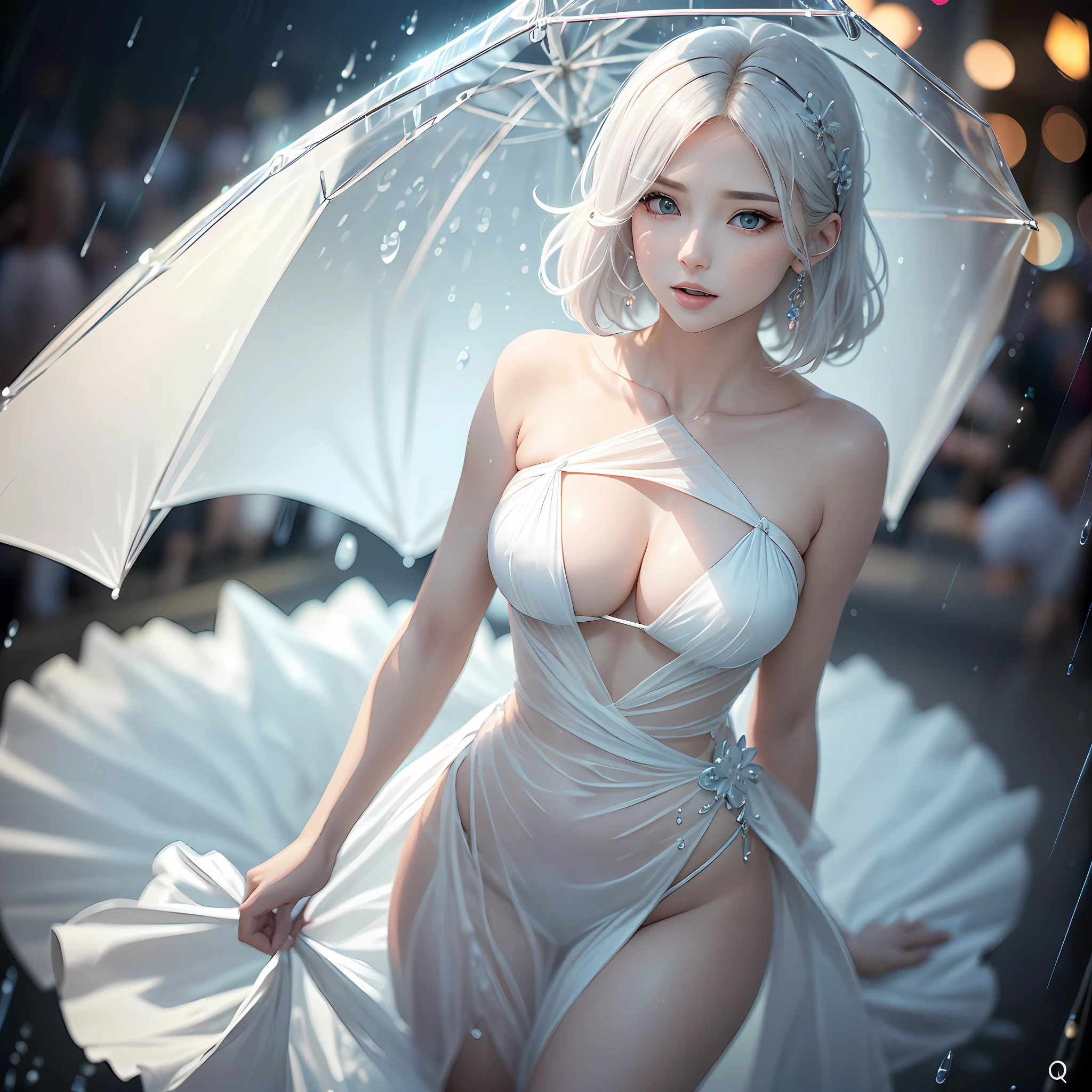 ((best qarity, 8k, tmasterpiece:1.3)), Focus:1.2, perfect figure beautiful woman:1.4, Cocked buttocks:1.2, ((Cut hair in layers, Beautiful breasts:1.2)), (Transparent silk dress national style dress:1.1) , (Rain, Street:1.3), Bandeau Dress:1.1, Highly detailed facial and skin texture, Delicate azure eyes, 二重まぶた,Whiten skin,Long azure hair,super detailing,Ultra high quality --auto