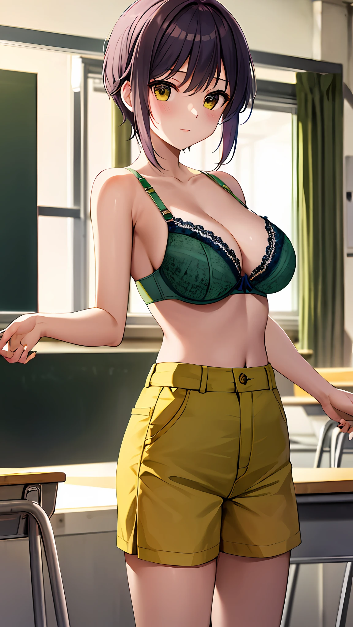 ​masterpiece, beste-Qualit, Hi-Res, Changing clothes,‎Classroom,Yellow-green bra,Yellow-green shorts