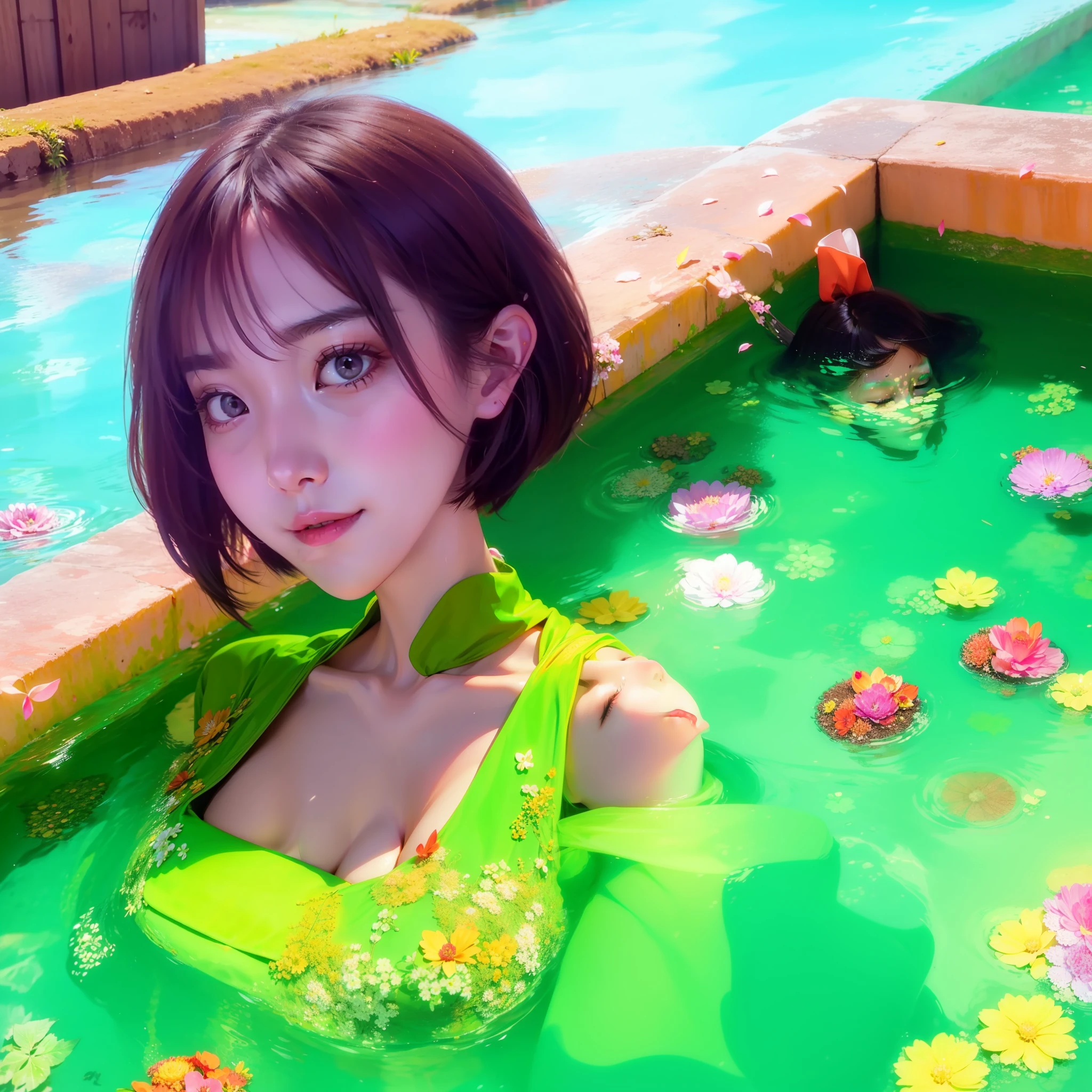 Yamazawa, A dark-haired, 1girll, petals, bob-cut hair, Eau, 独奏, Partially submerged, florals, Traditional media,
high high quality,Big chest
