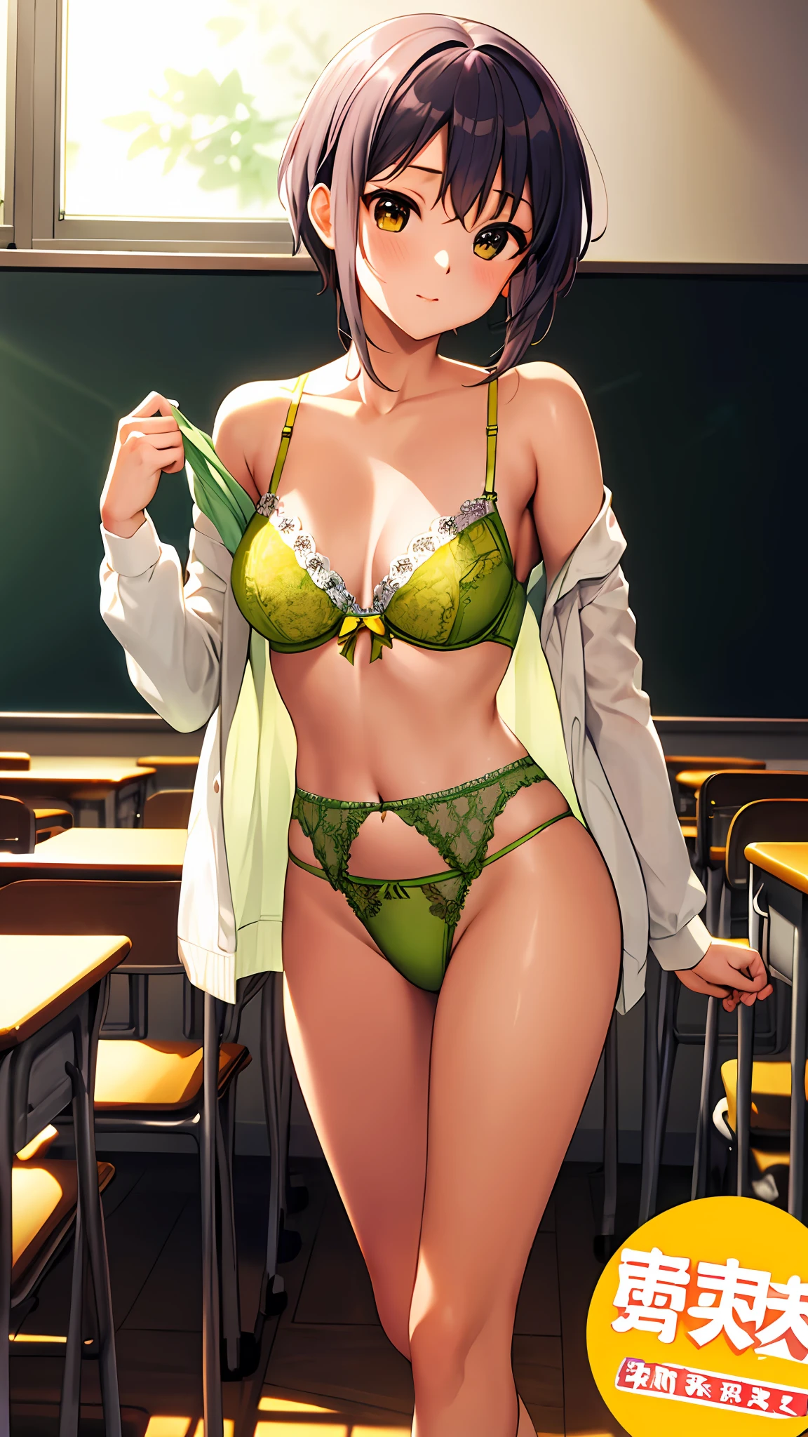 ​masterpiece, beste-Qualit, Hi-Res, ‎Classroom, Changing clothes, Yellow-green lingerie,