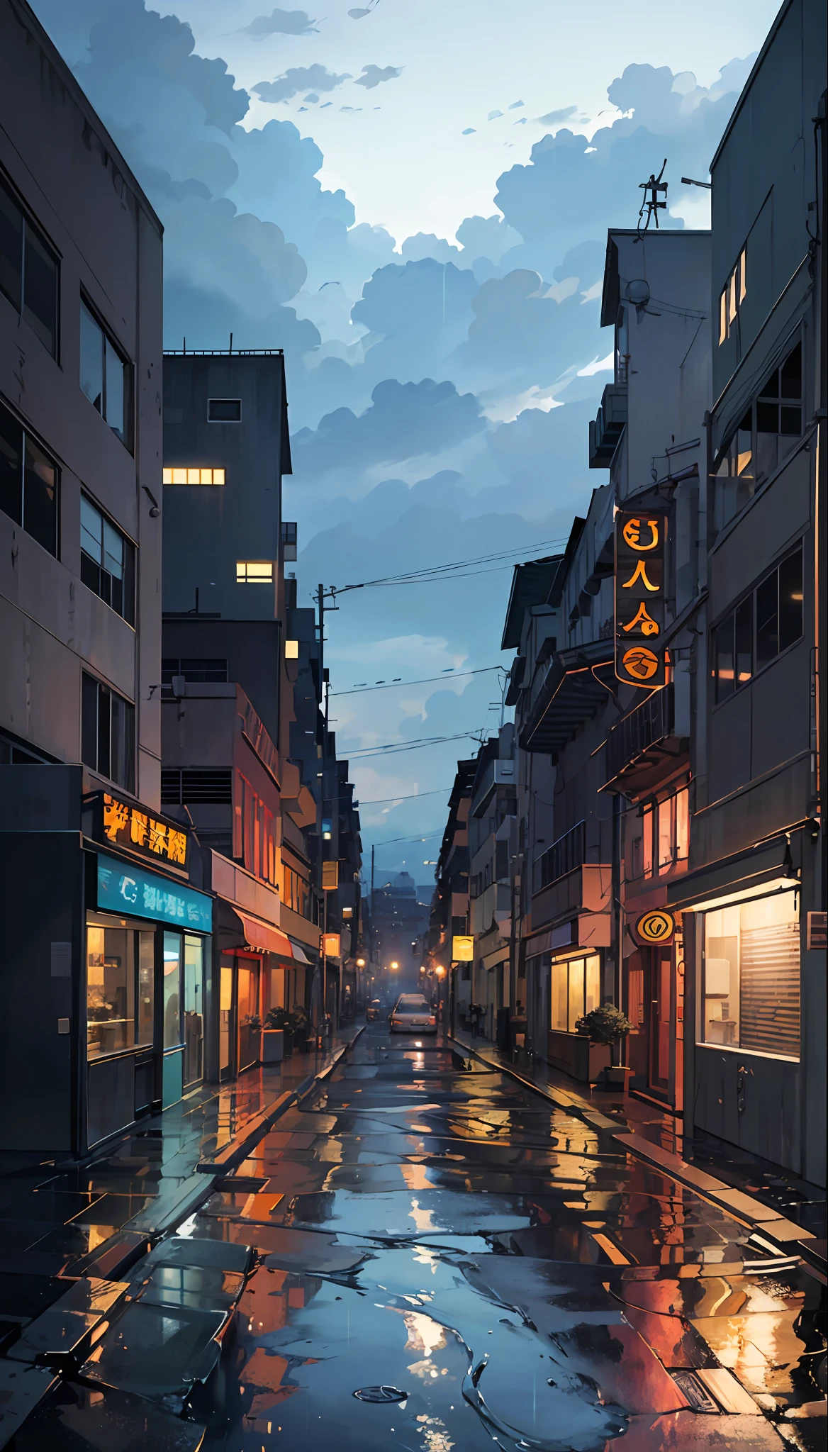 Landscape painting, heavy rain, bar, late at night, street lights, artwork like Makoto Shinkai, high resolution --auto --s2