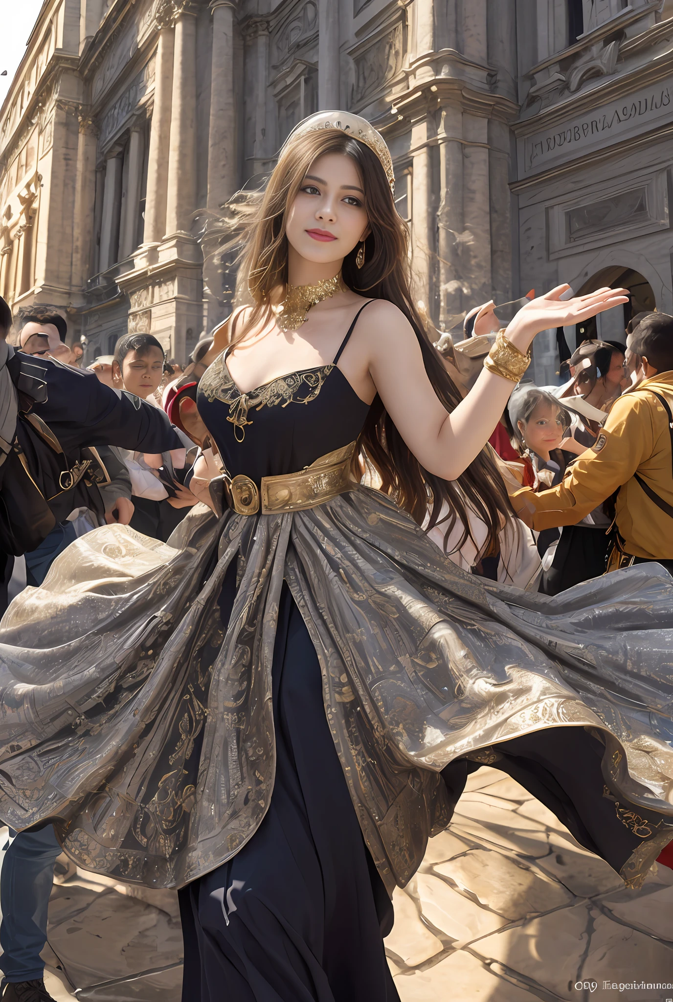 (巨作, Best quality, Realistic),
1girll,(on the St. Peter's Square of Vatican,crowd), sankta. Peter's Square of Vatican background, gypsy dress, Dancing, Elaborate dress, Gold,banquet, crowd, picking up skirt,Pale skin,
[Slight smile],