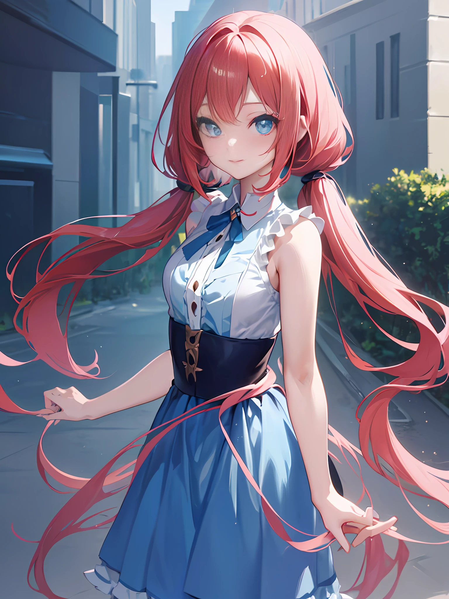 anime girl with long red hair and blue dress in city, cute anime waifu in a nice dress, Beautiful anime girl, Cute anime girl, style of anime4 K, pretty anime girl, Smooth anime CG art, a beautiful anime portrait, portrait anime girl, [ 4 K digital art ]!!, pink twintail hair and cyan eyes, Portrait of an anime girl