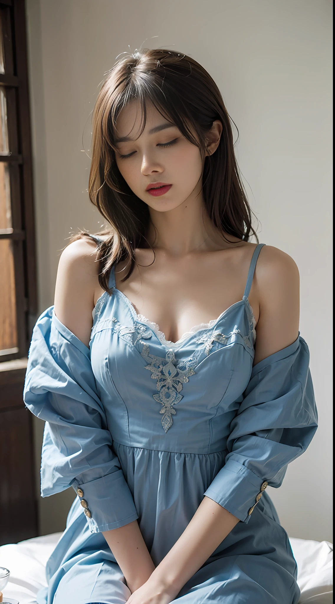 (巨作, High quality, A high resolution,Highest picture quality),4K,(Master's work),Blue gauze dress， intricate detailes, Gorgeous and complex, cute  girls，solo person，D cup chest，Naughty face,  Closed eyes, Lick lip，toothache