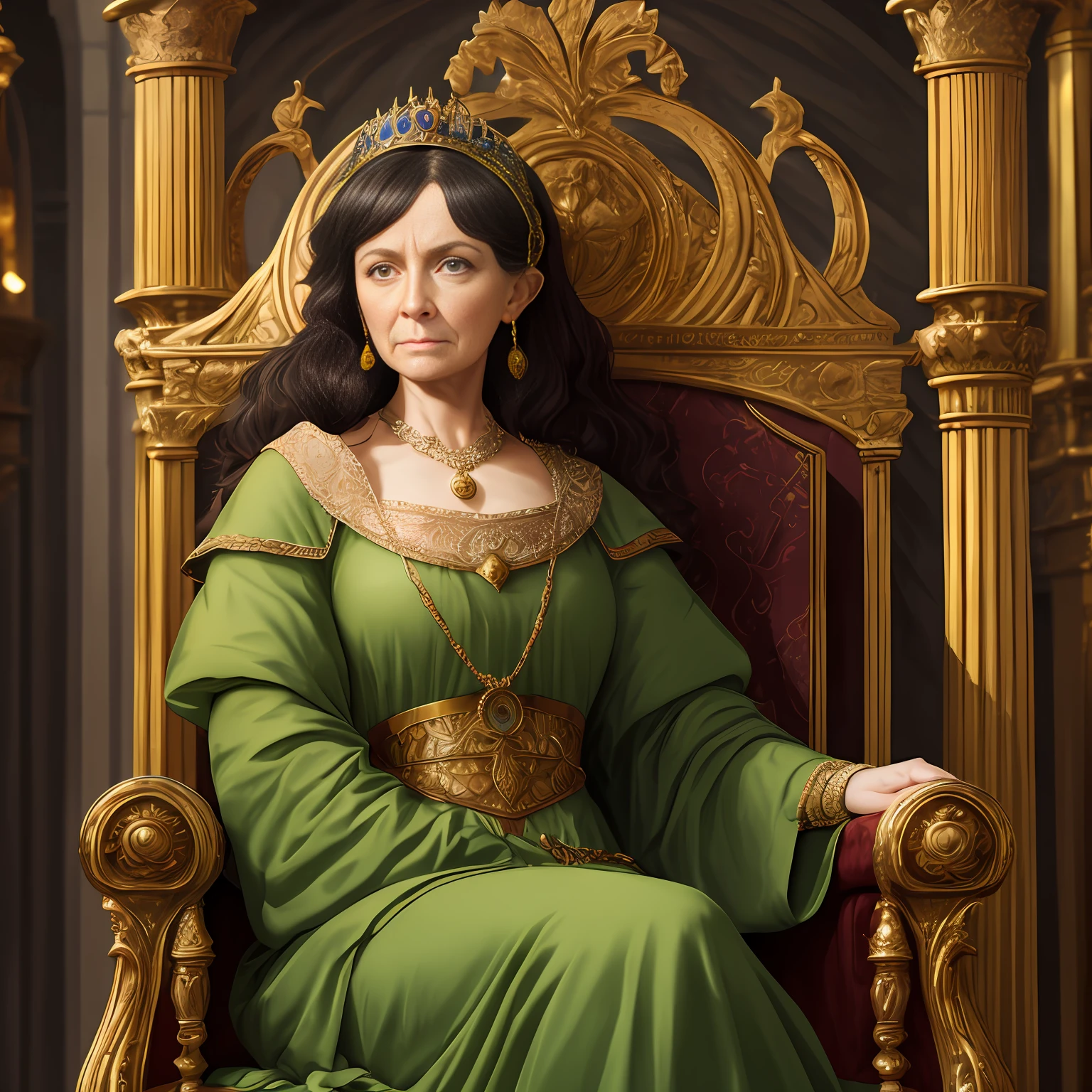 Female noblewoman, Sitting on a throne, Green clothes, The mantle of the magician, Ornaments, dark hair with graying, wrinkles, a lot of wrinkles, deep wrinkles, Adult woman, Tired woman, European face, big eyes, large facial features, fantasy style, Middle Ages, Dark tones