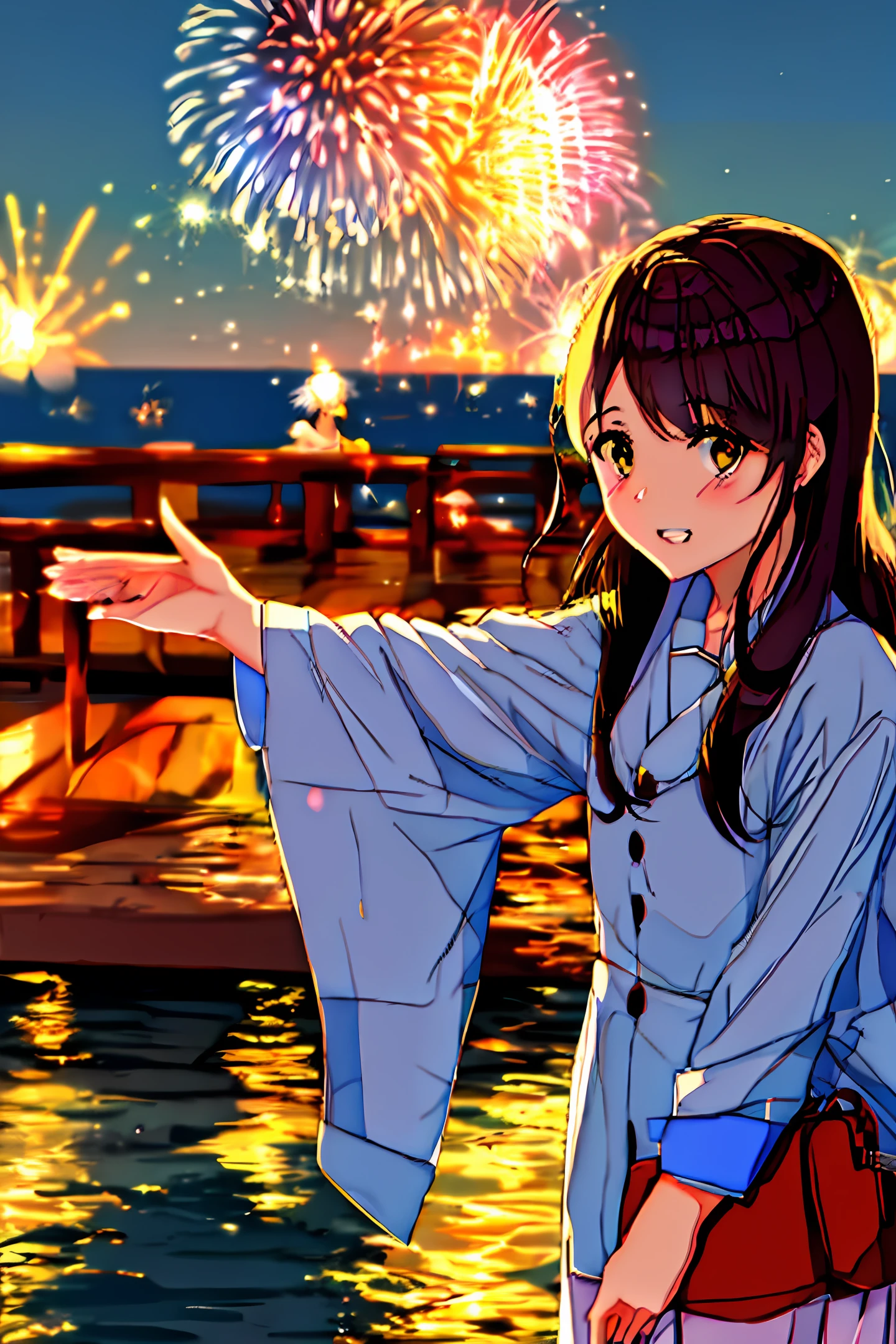 Yoomiya watching fireworks by the sea