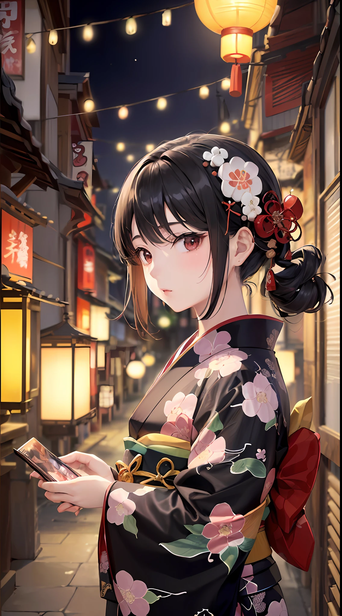 「(8k wallpaper:1.5)、(high-level image quality:1.3)、(ukiyoe painting:1.2)、(Townscape Plum Lanterns Lanterns Alleys Japanese Style:1.1)、(Girl Anime Black Hair Decorative Hair Kimono:1.3)」
