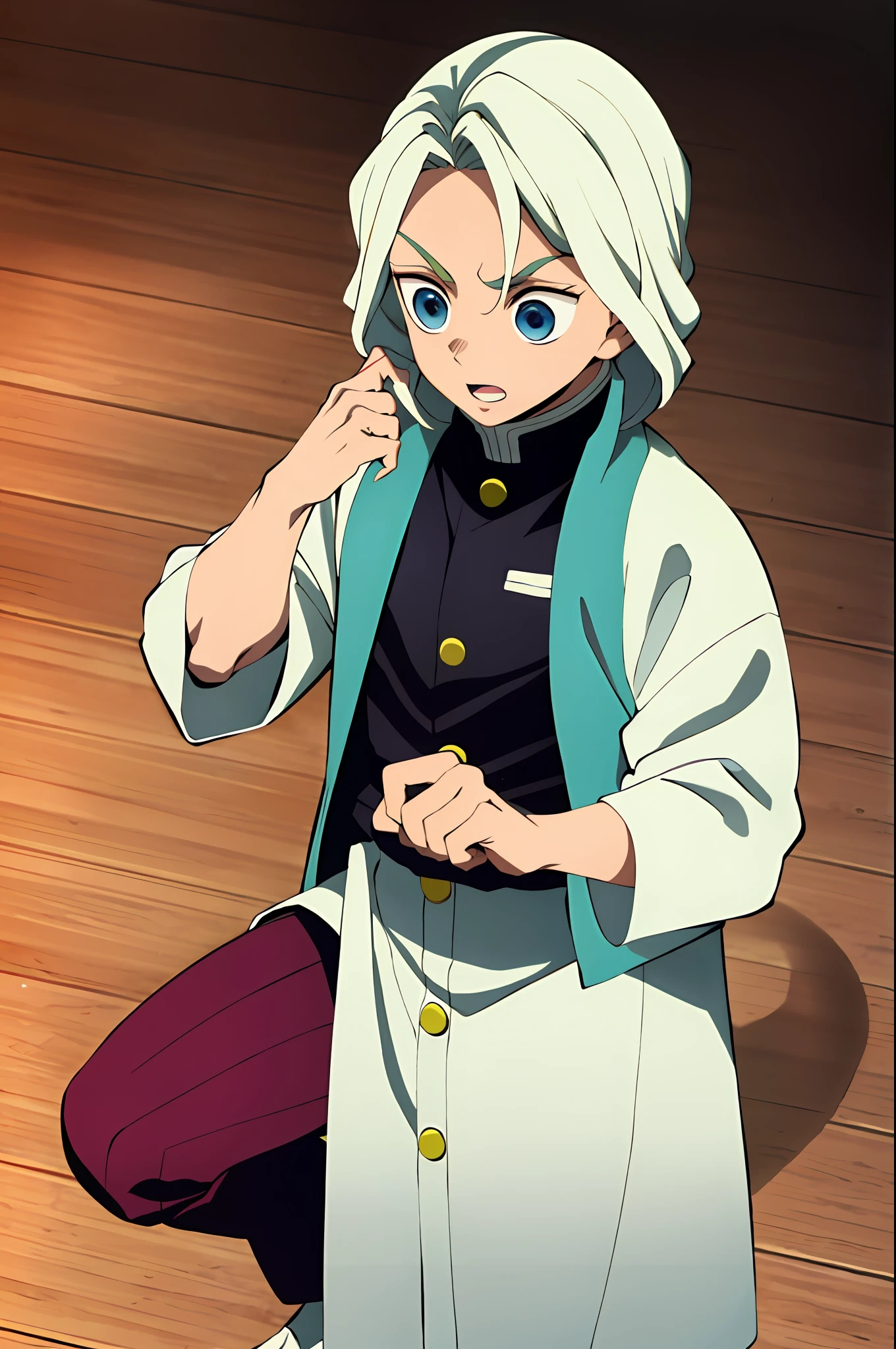 Kimetsu does not Yaiba style, cabelos brancos, quimono azul, menino, colorir anime, ((obra-prima))