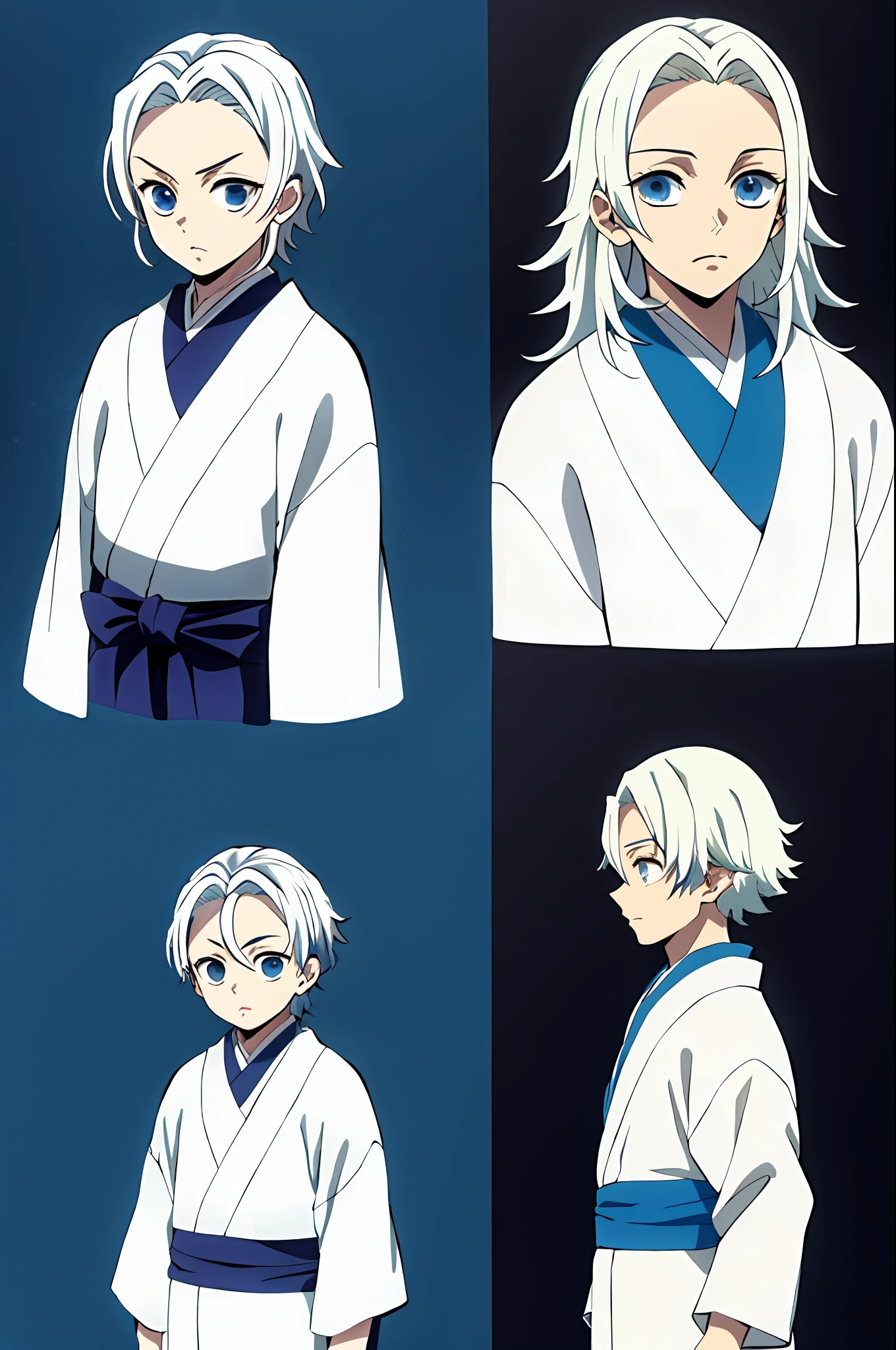 kimetsu no estilo yaiba, white hair, blue kimono, boy, colorir anime, ((obra-prima))