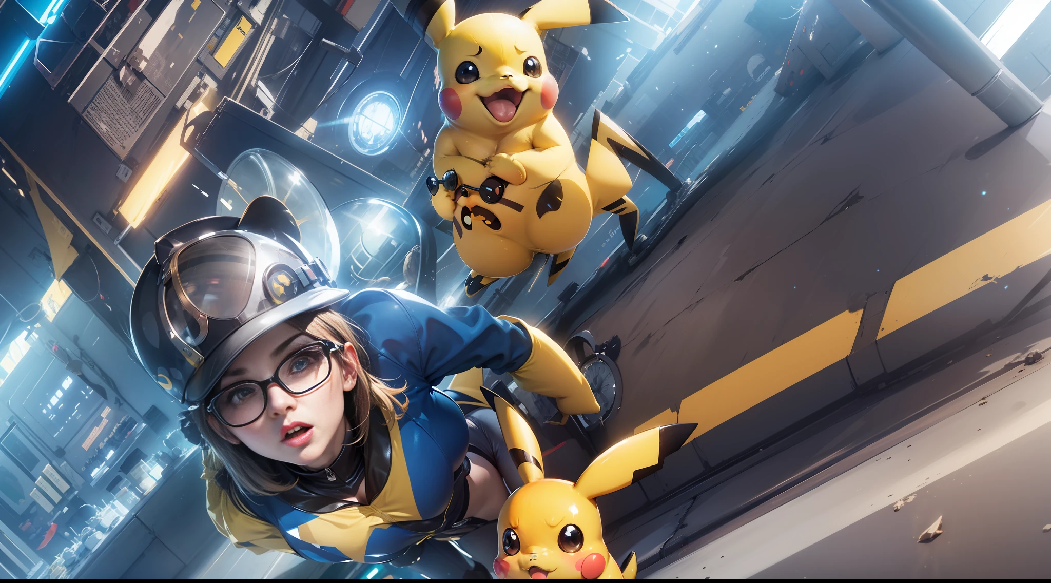 Normal facial proportions，big dark glasses，Pikachu's face，lovly