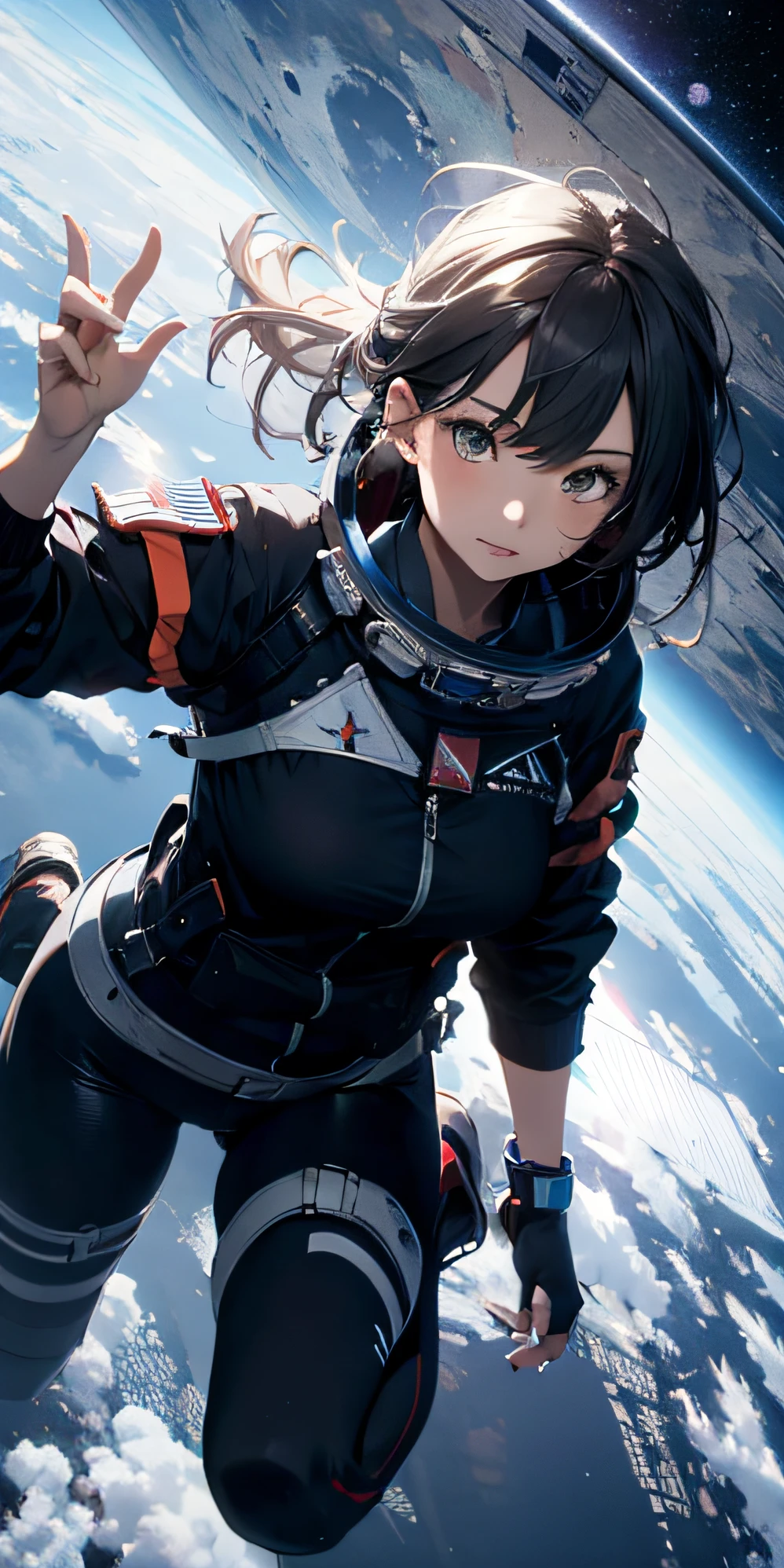 absurd res, high res, (masterpiece:1.4), ultra-detailed, 1girl, from above, space, floating