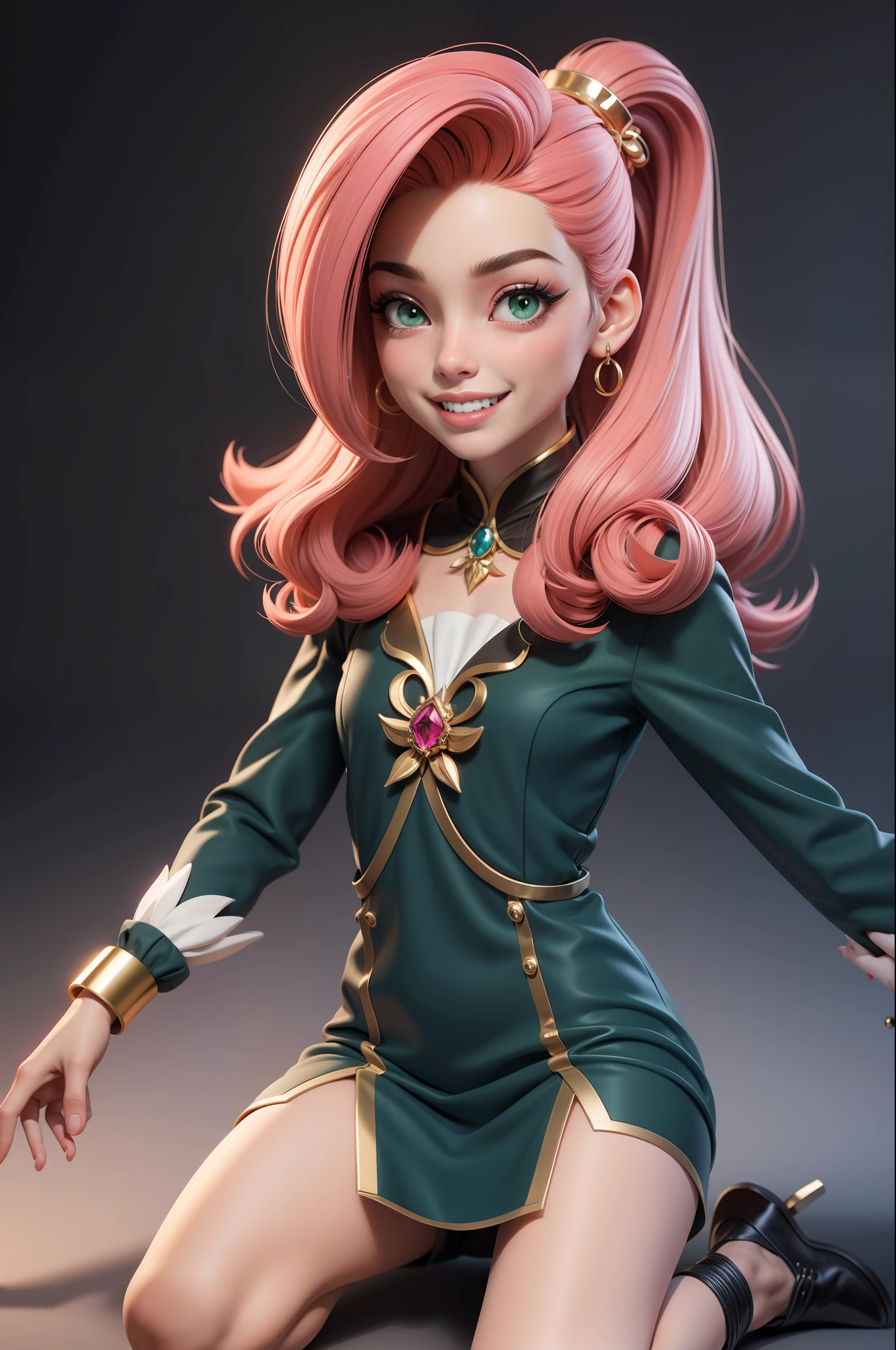 master part, best quality, Rendering job ..3d, Estilo ..3dMM, ..3d, 1Menina, sozinho, cabelos amarelos, Sardas, jewelries, Olhando para os lados, Realistic, Comprimento total, fundo simples claro, franja amarela, Desviando o olhar, cabelos longos, separated-lips, olhos verdes, Gargantilha, maquiagem, roupa rosa sorrindo, Dentes bonitos, sapatos amarelos