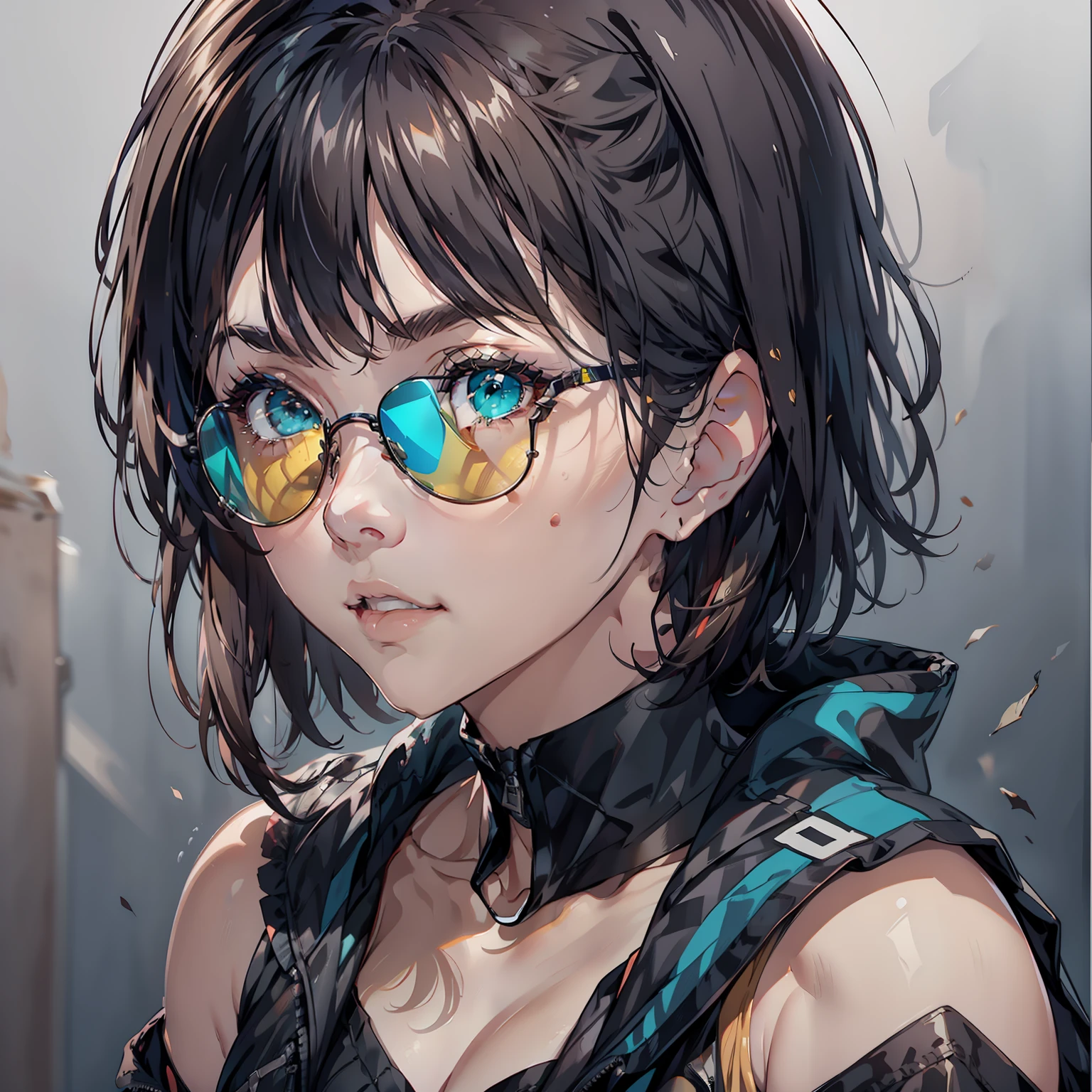(dark shot:1.1),epic realistic,Halo portrait,sun glasses,blue eyess,Plaid scarf,gradient yellow、 black colors、Brown and magenta color scheme,graffiti tag wall background,Artwork by Greg Rutkowski and Artgerm,Soft cinematic light,Adobe Lightroom,photolab,hdr,intricated,enormously detailed,Faded,(com cores neutras:1.2),(hdr:1.4) ,(pastel colour:1.2),ultra detali,(art stations:1.4),films,warm lights,Dramaticlight,(Complicated details:1.1),the complex background,(rootkowski:0.66),(Teal and orange:0.4),Cowboy shot,cowboy shot