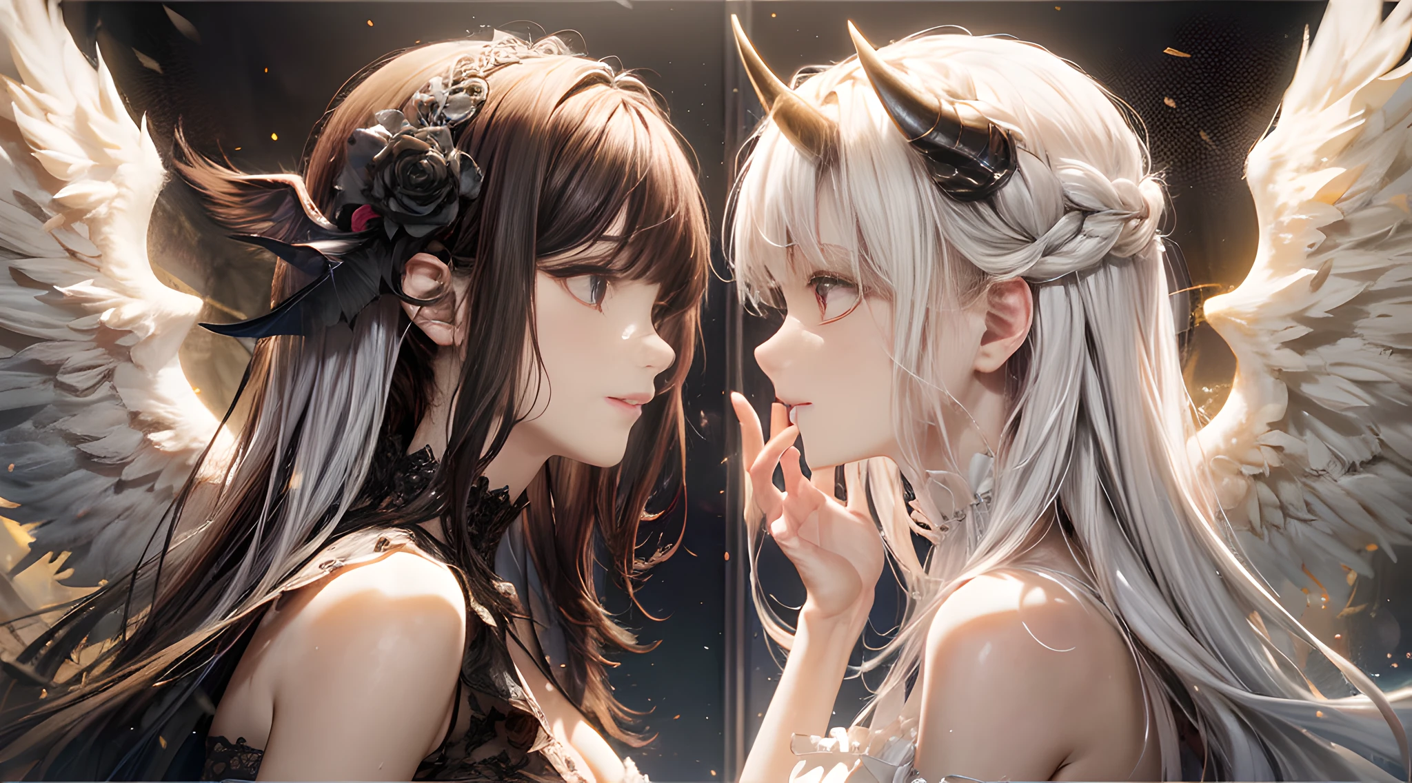 （2girls）, （Angels and demons）, （twins）, （Wings）, （Long silver hair and long black hair）, （Delicate glowing pretty face and delicate dark pretty face）, （Detailed eyes:1.2）（The aperture on the top of the head of the girl on the left and the horn on the top of the head of the girl on the right）, （White holy wings and black demon wings）, Hug together, （enormously detailed:1.3）,Side face to side face， Light smile, baroque, Abstractionism, Ray tracing, reflective light, blend, stereograms, reference sheet, move chart, projected inset, symetry, Cowboy shot, Caustics, Wide-angle, The ultra -The high-definition, 巨作, ccurate, Textured skin, Super detail, High details, High quality, A high resolution, 8K，ultra-definition