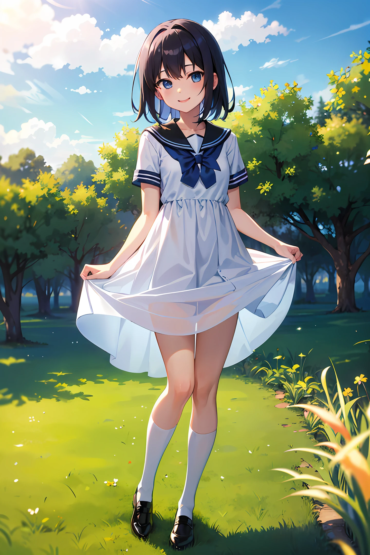 Anime female high school student,white dresses,whaite hair,Black headband,Small white shoes,Stand in the sun,grass field,blue-sky,Lift your skirt and smile