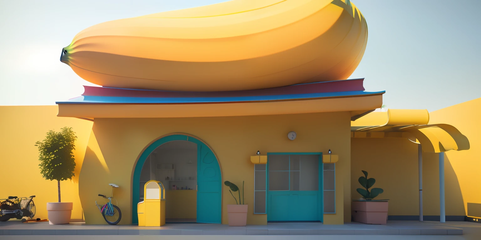 there is a banana sitting on top of a building next to a bike, banana color, kawaii hq render, stylized as a 3d render, rendered in cinema 4 d, Rendered in Cinema4D, yellow awning, Bananas, stylized 3d render, designed in blender, in style of 3d render, clemens ascher, in a candy land style house