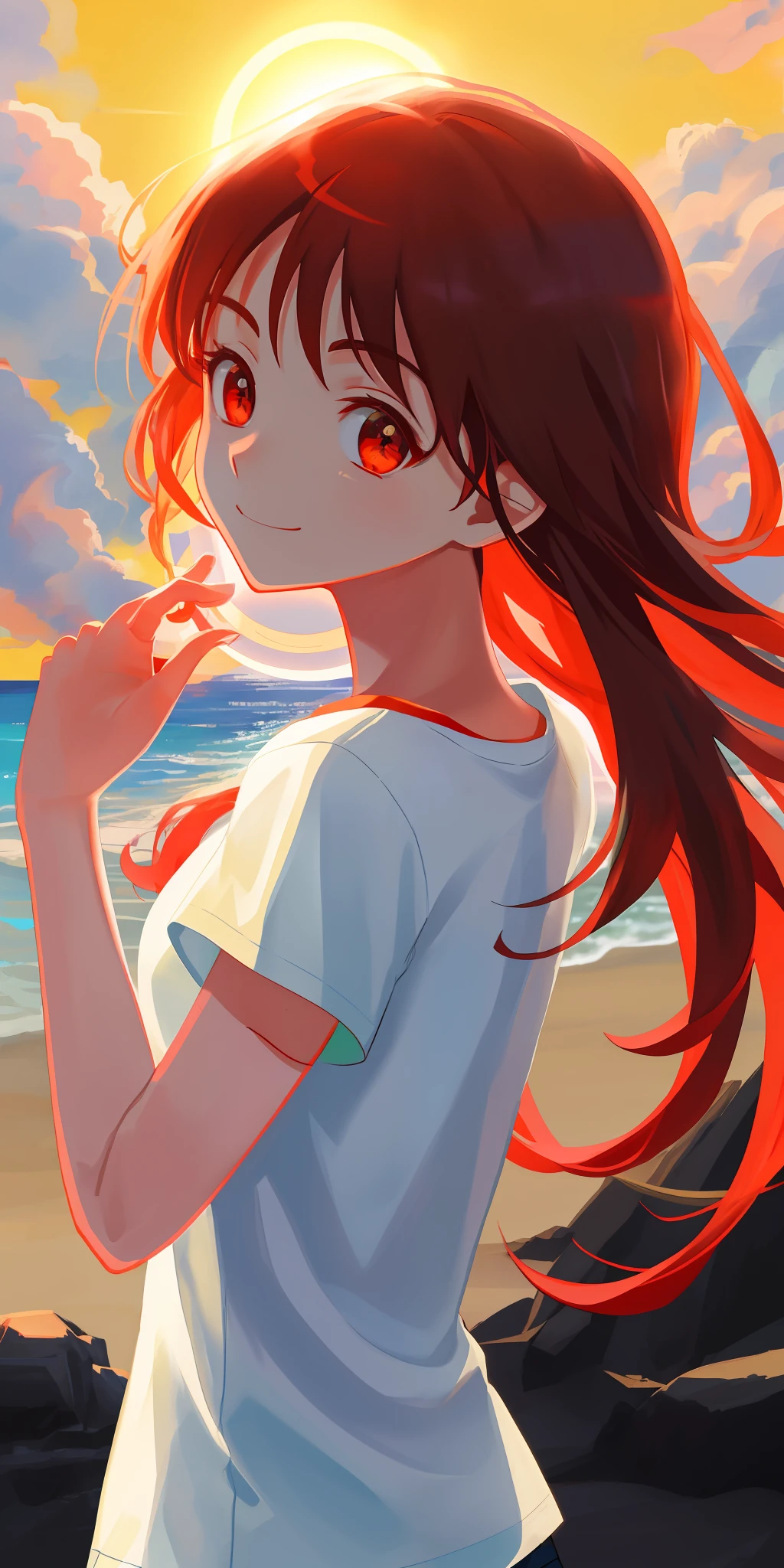 film effect,Fancy effects,complexdetails,animesque,sideface,whaite hair,little breast,独奏,littlegirl,Petite white T-shirt,ssmile,Be red in the face,The light from the back window is backlighted,The lens is close,Upper body body,Hands down,Body facing to the left,beachside,